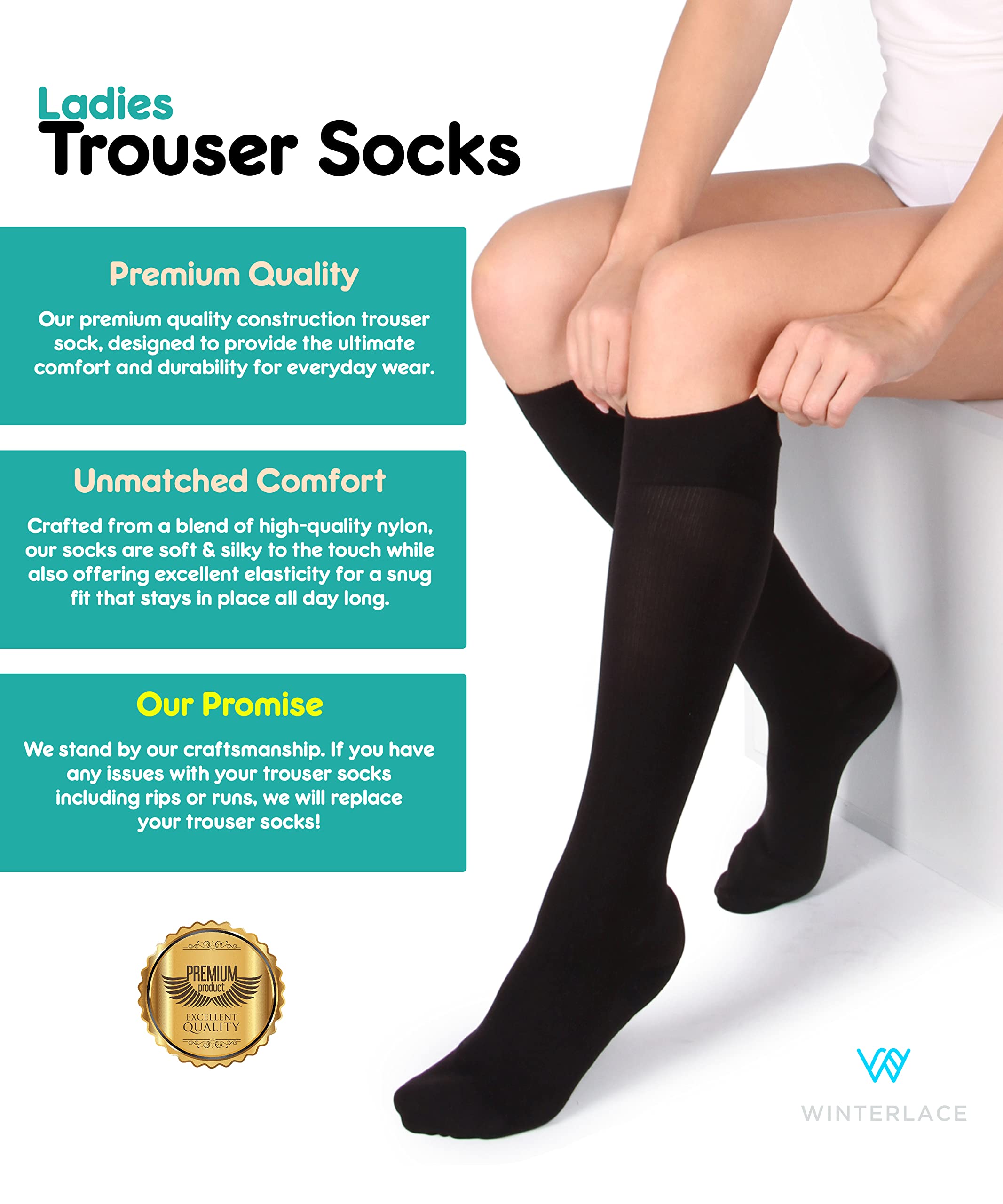 Winterlace Women's Knee High Trouser Socks - 6-Pack Silky Opaque Nylon Dress Socks with Stretch - Perfect for Office, Formal Wear & Winter Outfits
