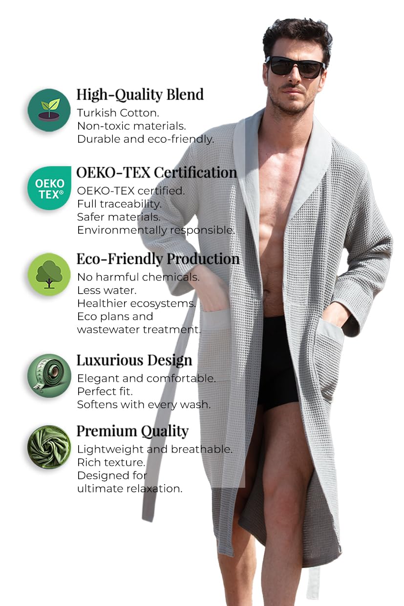 Men's Lightweight Cotton Waffle Weave Hooded Bathrobe - Ultra Soft Full Length Spa Sleepwear for Relaxation & Lounging at Home (XX-Large, Grey) - Perfect for Morning Coffee, Spa Days & Cozy Evenings