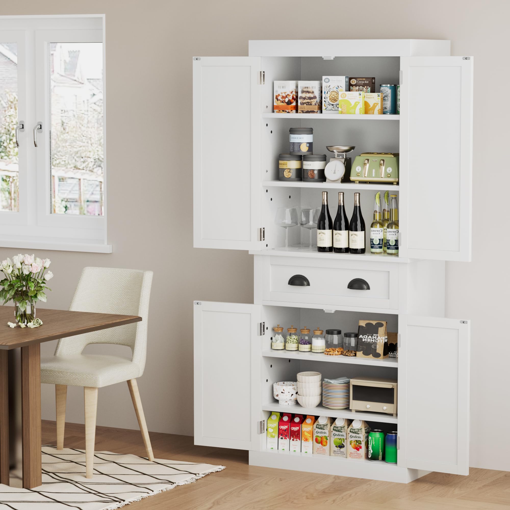Flamaker 72 Inch White Kitchen Pantry Cabinet with Drawer & 4 Adjustable Shelves - Freestanding Storage Cabinet for Kitchen, Dining Room, Living Room - Perfect for Organizing Food, Dishes & Household Items