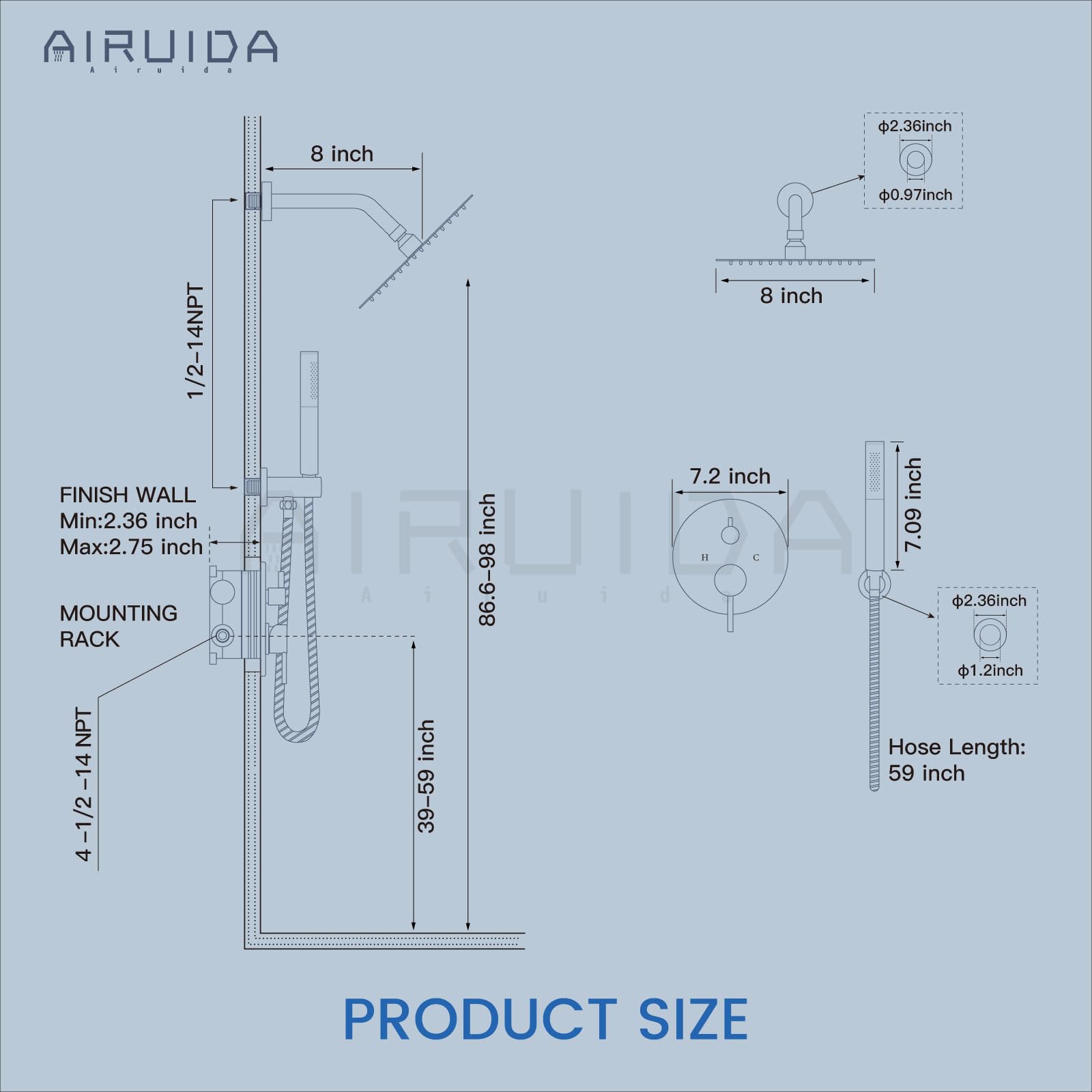 Airuida 2-Function Wall Mounted Shower Faucet Set - High Pressure Brass Handheld Shower with Rough-in Valve & 8 Inch Rainfall Round Shower Head in Chrome Polish for Bathroom | Perfect for Modern Home Spa Experience and Water-Saving Shower Upgrade