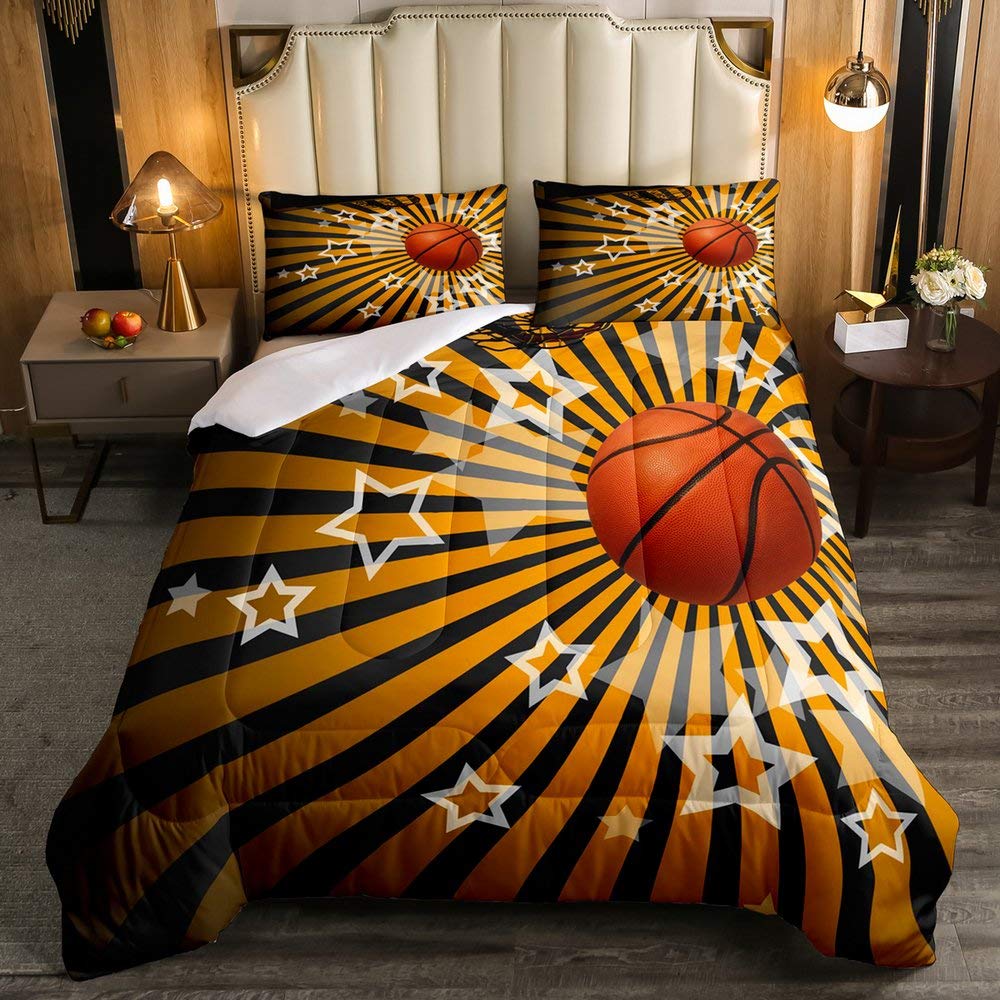 Basketball Comforter Set - Queen Size Sports Bedding with 1 Comforter & 2 Pillowcases for Kids, Boys, Girls - Orange & Black Stars & Stripes Design - Perfect for Basketball Fans, Game Rooms & Sports-Themed Bedrooms