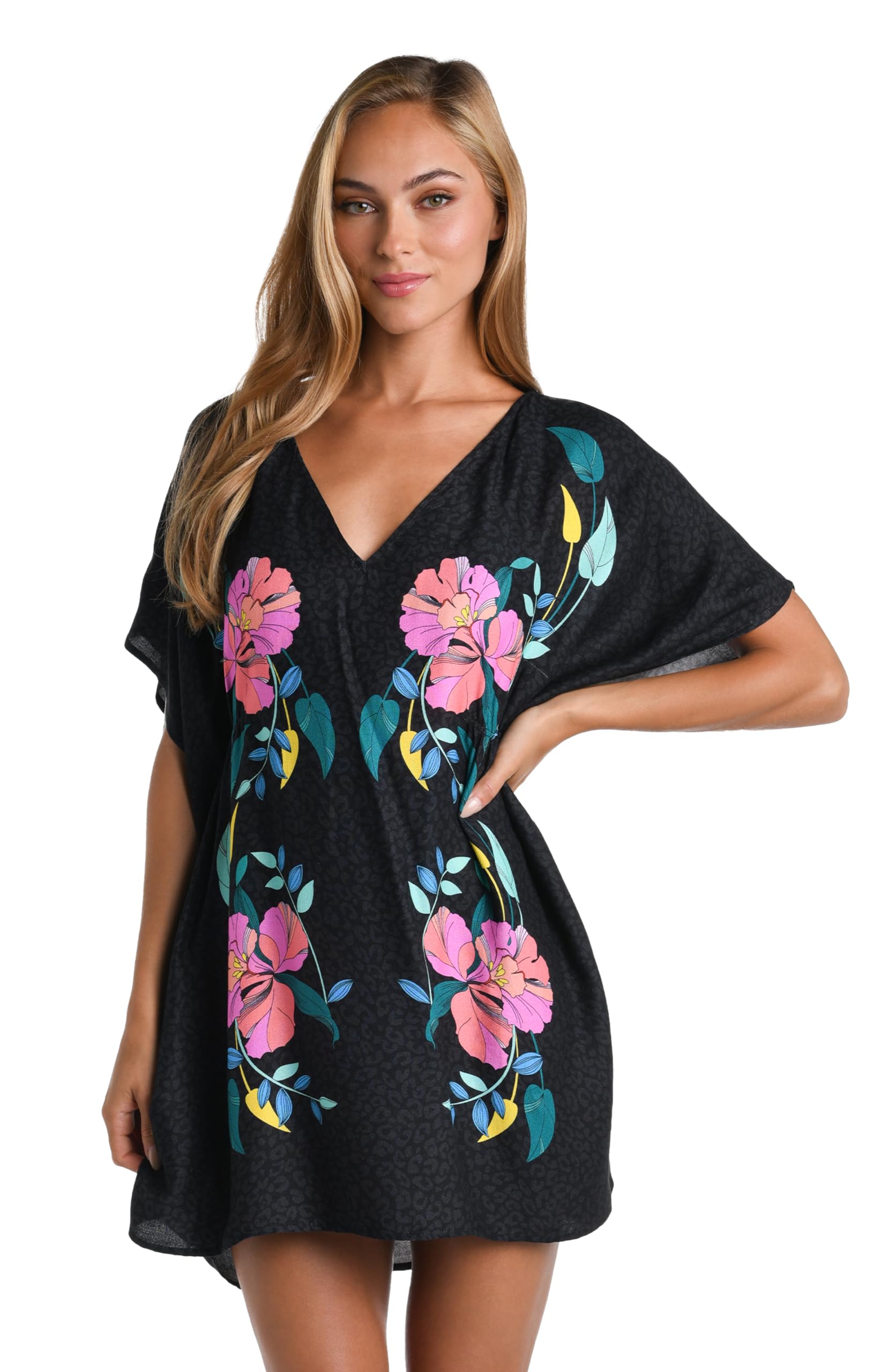 Sunshine 79 Women's Casual Short Sleeve Tunic Dress - Black & Cascade Blooms Print, Small | Beach Cover Up, Summer Vacation, Poolside Lounge
