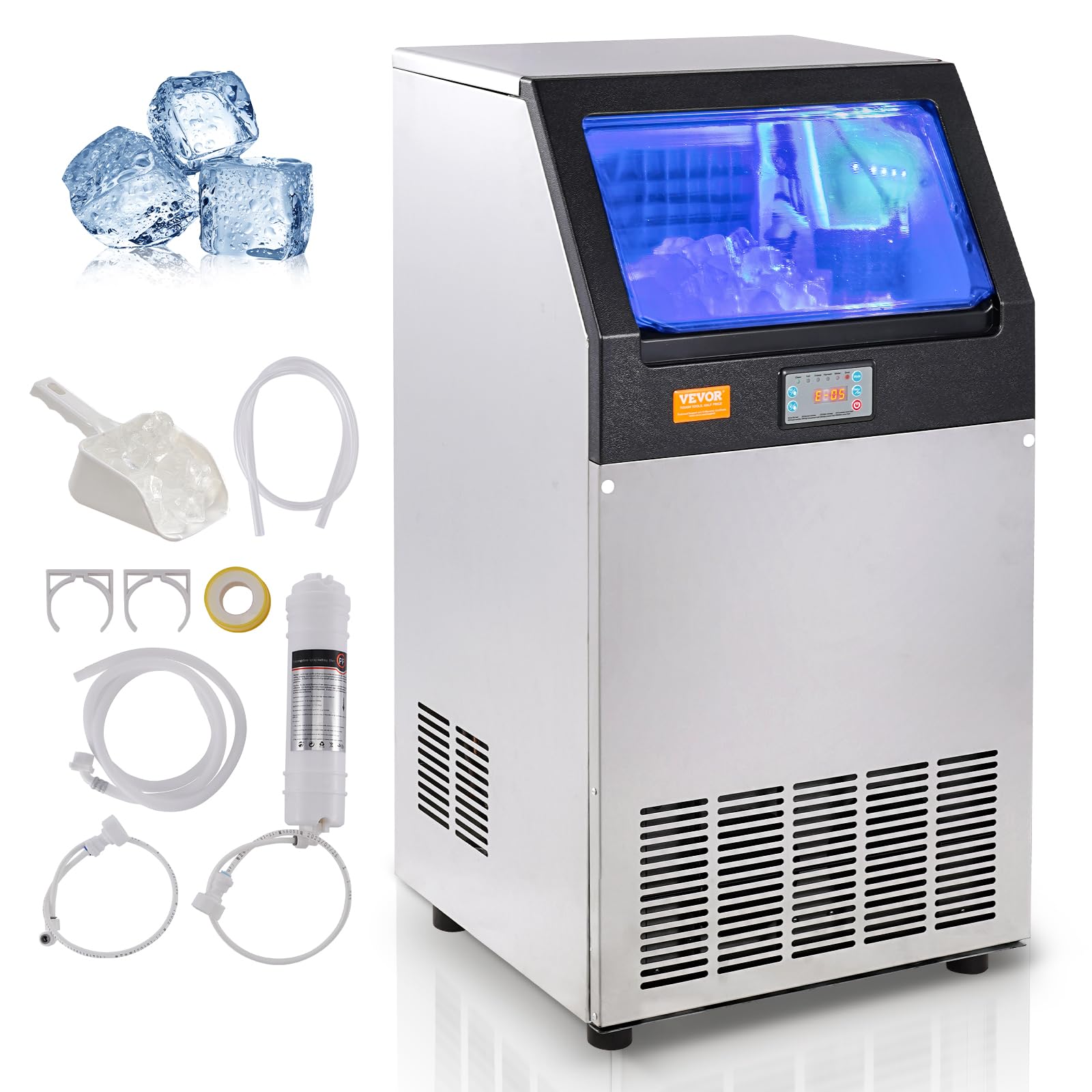 VEVOR Commercial Ice Maker Machine 140LBS/24H with 33LBS Storage - Fast 55 Ice Cubes in 12-15 Mins - Perfect for Bars, Restaurants, Home & Office Use - Ideal for Cocktails, Beverages & Food Preservation