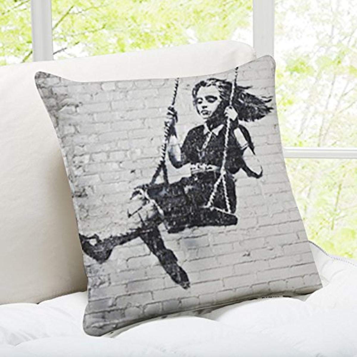 Banky Art Throw Pillow - Swing Girl Los Angeles Close Up Street Art Home Decor for Living Room, Bedroom & Office