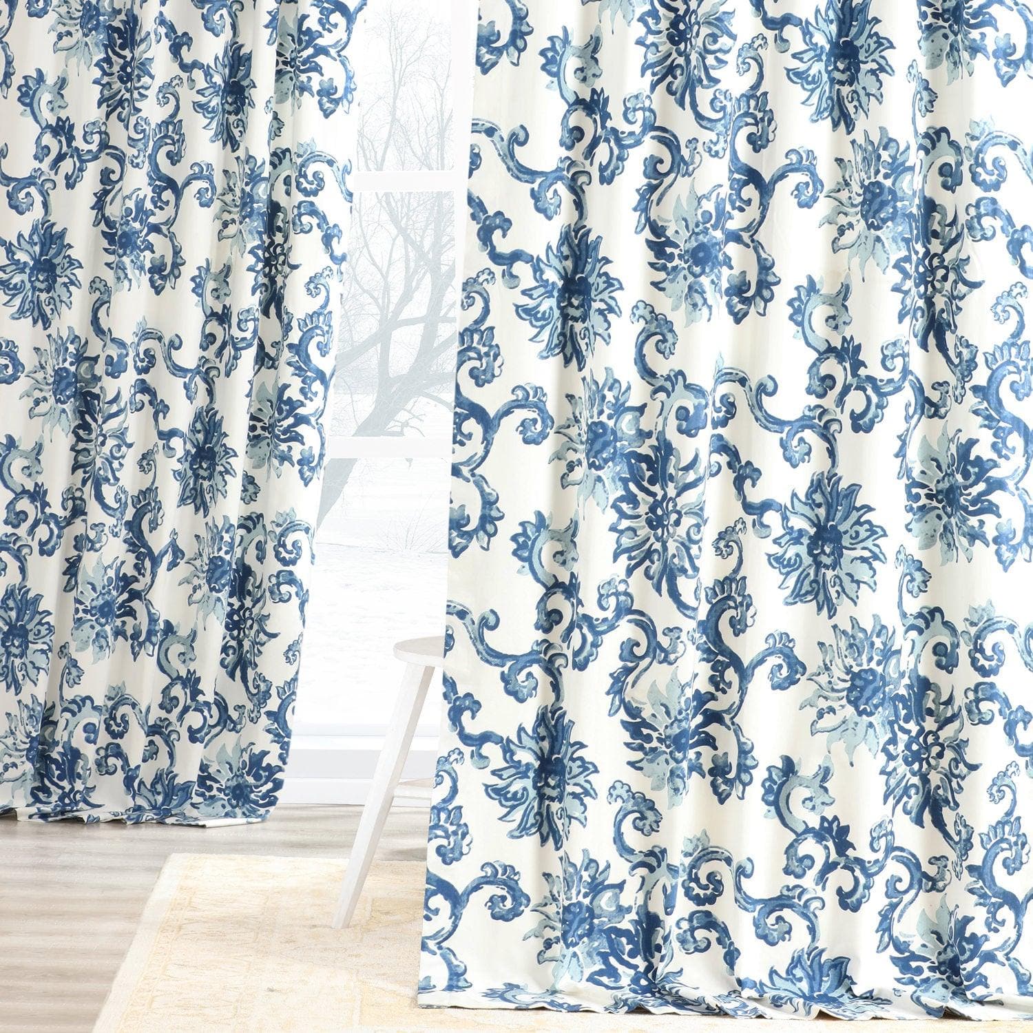 Indonesian Blue Floral Printed Cotton Blackout Curtains for Bedroom & Living Room - Light Blocking Window Drapes for Home Decor