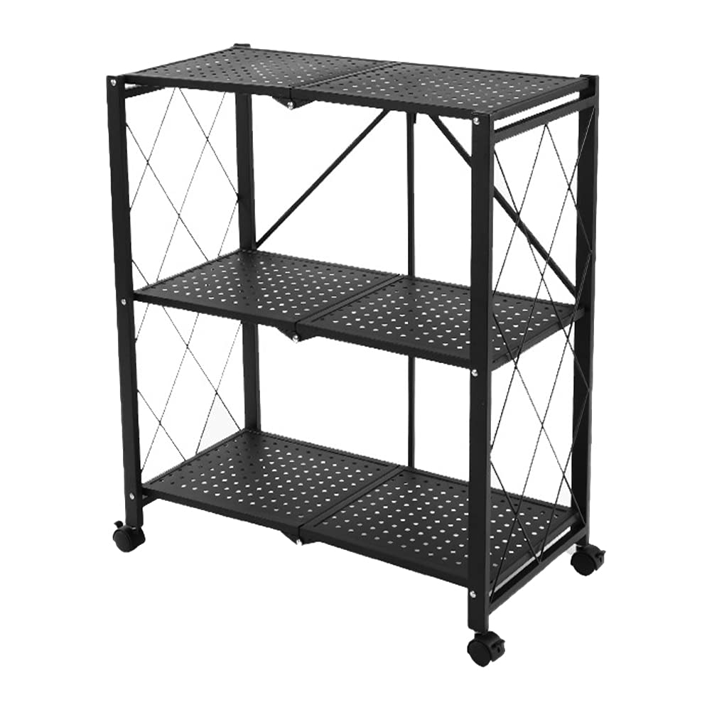 DOITOOL 3-Tier Foldable Kitchen Storage Shelf Organizer - Space Saving Black Metal Rack for Pantry, Spice, Countertop - Perfect for Small Apartments & Home Organization