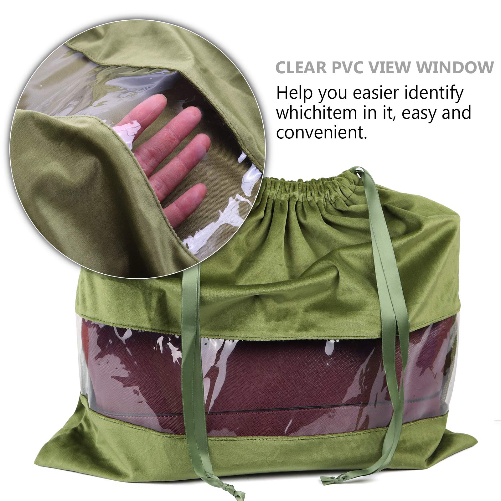 PlasMaller Dustproof Storage Bags with Clear View Window - 2 Pack Terylene Flannel Drawstring Pouches for Handbags, Purses, Shoes & Boots (17.7 x 15.7 Inches, Green) - Perfect for Closet Organization & Travel Accessory Protection