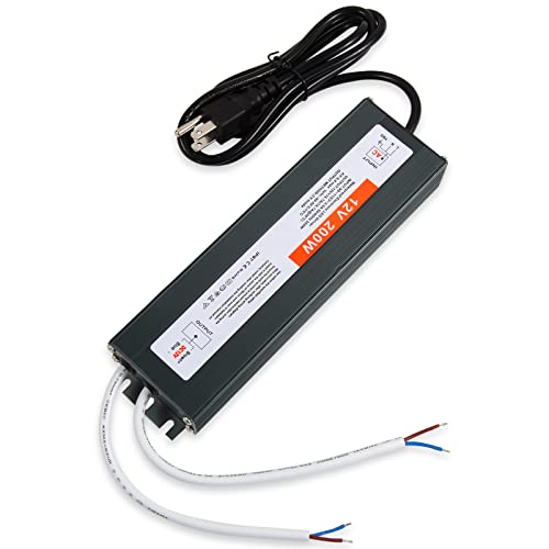 200W LED Driver Waterproof IP67 Power Supply - AC 90V-110V to DC 12V Low Voltage Transformer with 3-Prong Plug for LED Strip Lights, Landscape Lighting - Perfect for Indoor & Outdoor Use in Gardens, Pathways, and Architectural Lighting