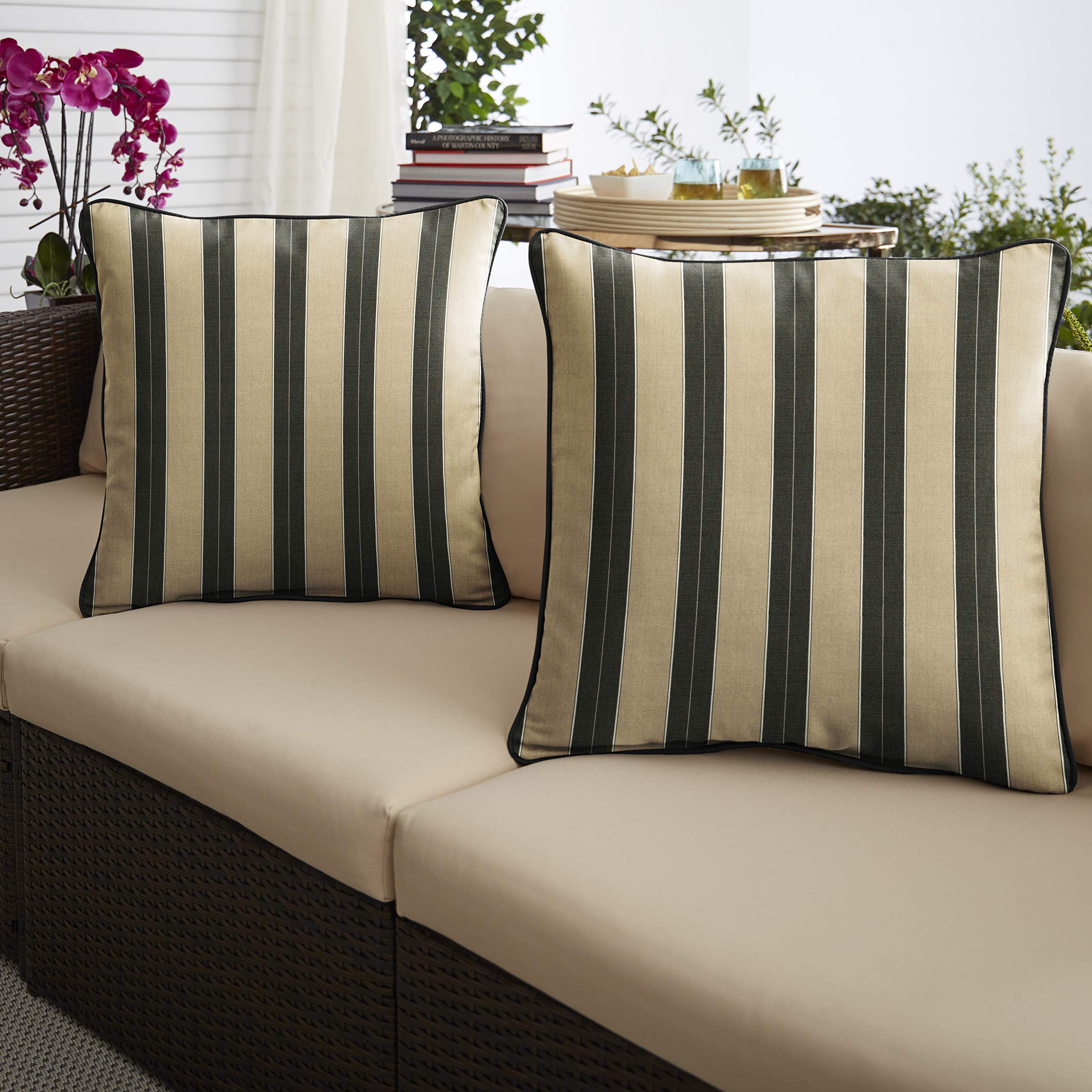 Sorra Home x Sunbrella Square Pillows Set of 2 - Tan & Black Stripes Outdoor Cushions for Patio, Sofa & Lounge Chair Decor