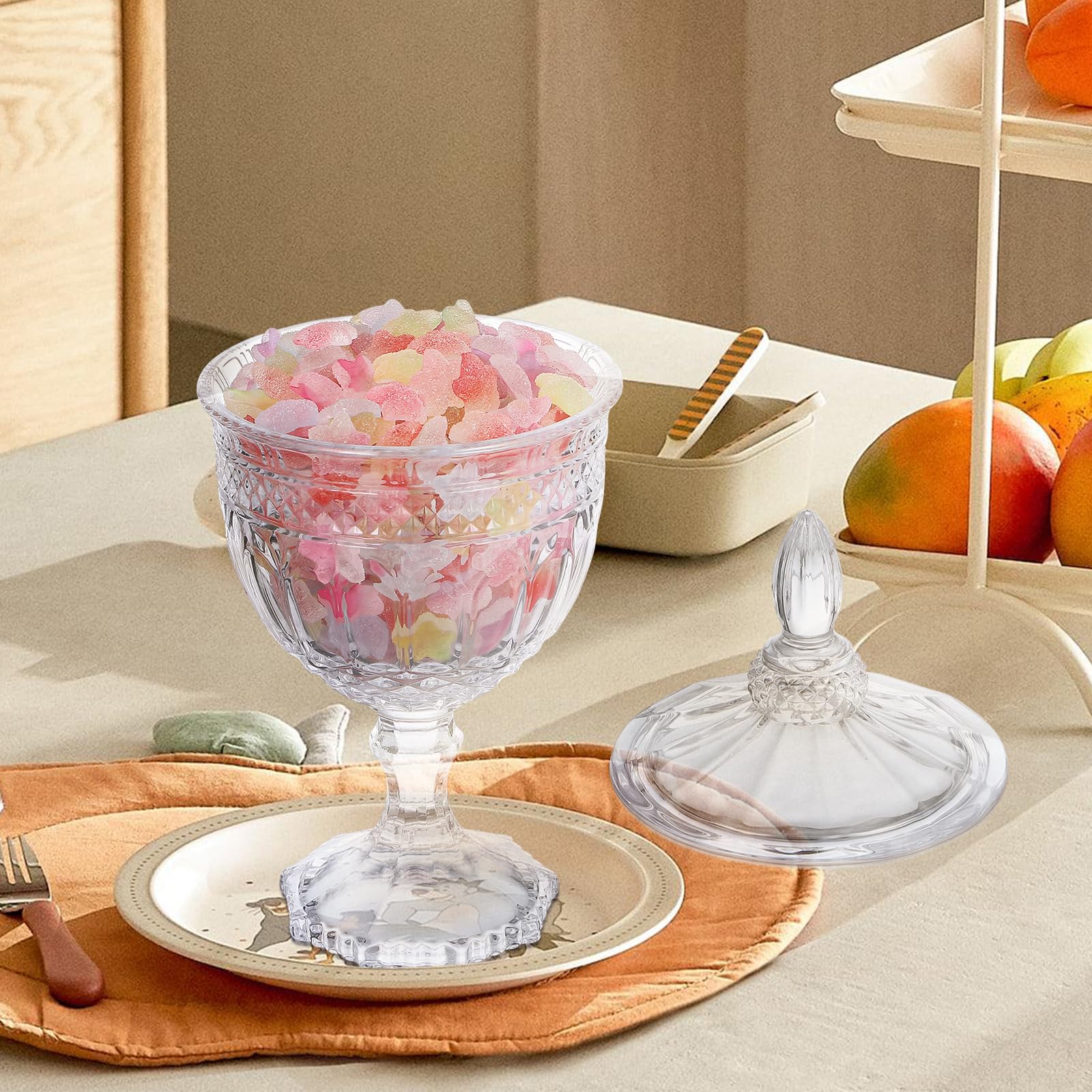 DOITOOL Glass Footed Candy Dish with Lid - Clear Covered Candy Bowl, Crystal Cookie Jar, Decorative Apothecary Jar for Candy Buffet, Party, Home & Office - Perfect for Weddings, Baby Showers & Holiday Decor