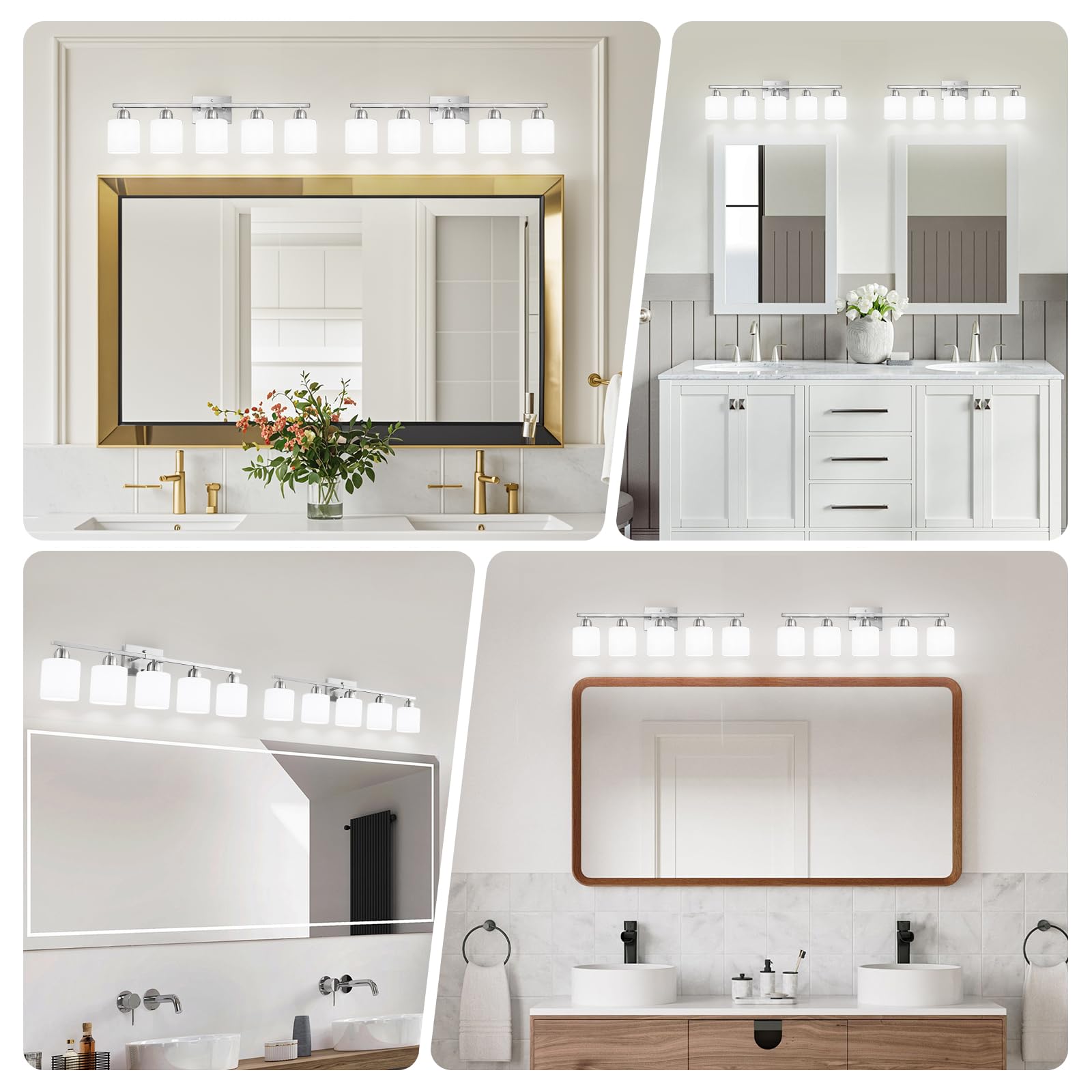 5-Light Bathroom Vanity Light Fixture Brushed Nickel with Milky White Frosted Glass Shade, E26 Base - Perfect for Bathroom Mirror, Bedroom, Living Room & Dressing Area Lighting