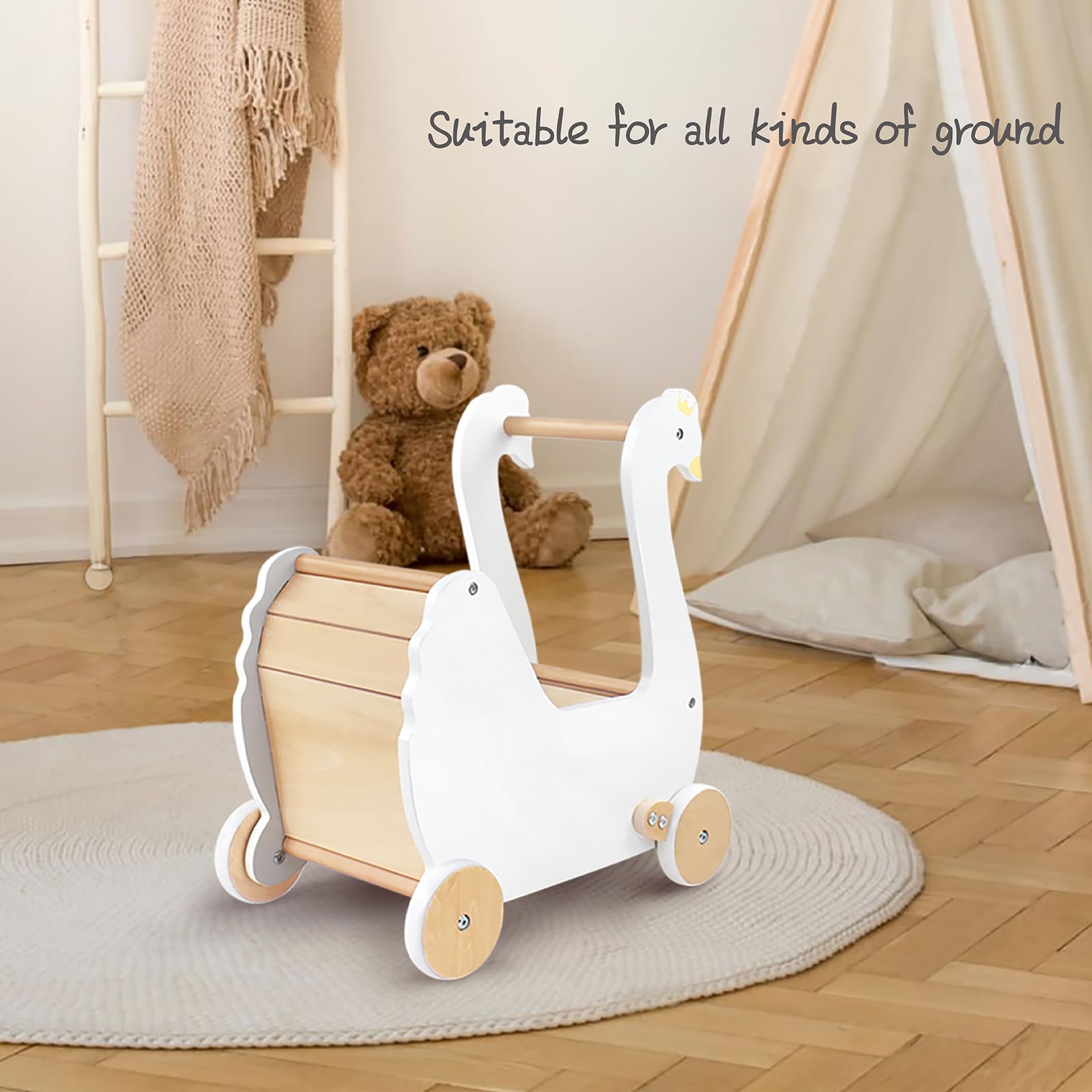 Wooden Doll Stroller for Toddlers - Baby Pram Stroller Toy with Swan Design | Safe Push Walker for Boys & Girls 18+ Months | Perfect for Pretend Play, Outdoor Walks & Nursery Decor