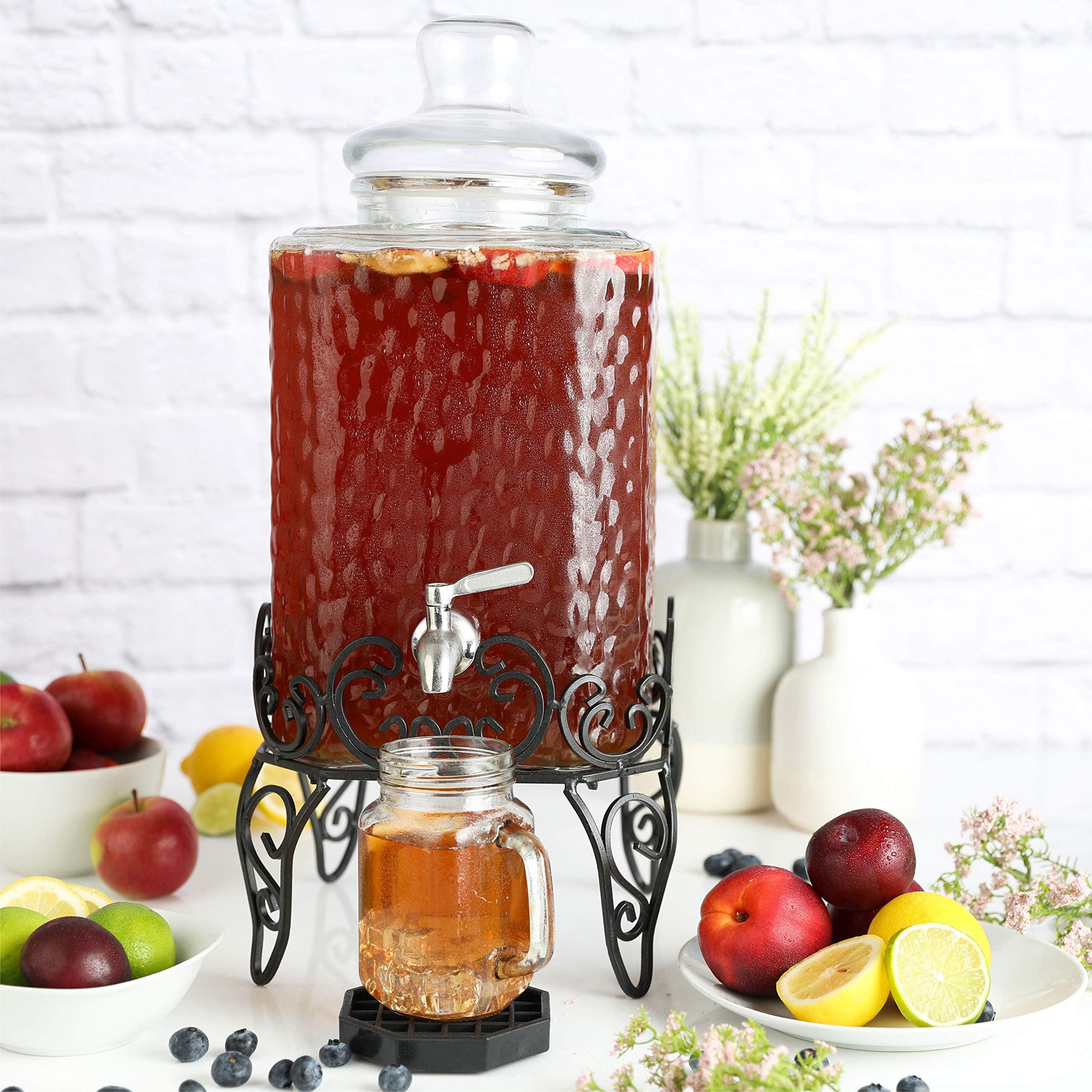 2.5 Gallon Glass Beverage Dispenser with Stand & Stainless Steel Spigot - Large Mason Jar Drink Dispenser for Sun Tea, Kombucha, Iced Tea, Lemonade, Sangria & Cold Drinks - Perfect for Parties, BBQs, Weddings & Outdoor Events