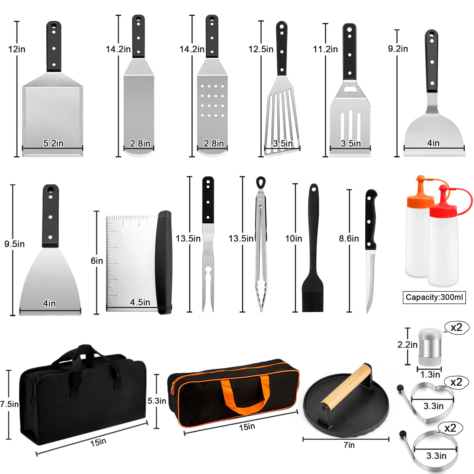 23Pcs Stainless Steel Griddle Accessories Kit - Joyfair BBQ Grilling Tool Set with Flat Top Spatulas & Cast Iron Burger Press - Perfect for Outdoor Hibachi, Teppanyaki, Camping & Backyard Cooking (ABS Handles)