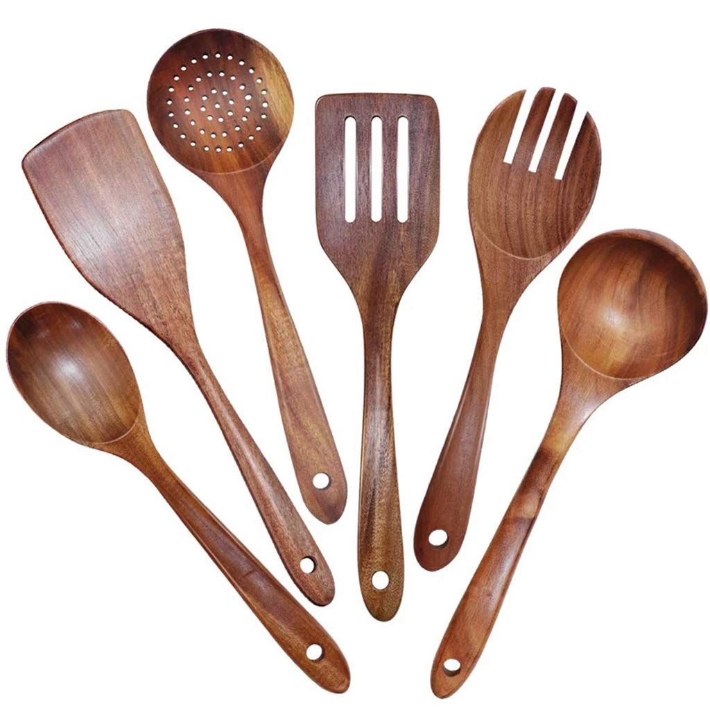 Premium 6-Piece Teak Wooden Utensil Set for Non-Stick Cookware - Natural Wood Spoons, Spatula, Ladle & Colander - Ideal for Cooking, Baking & Serving in Modern Kitchens