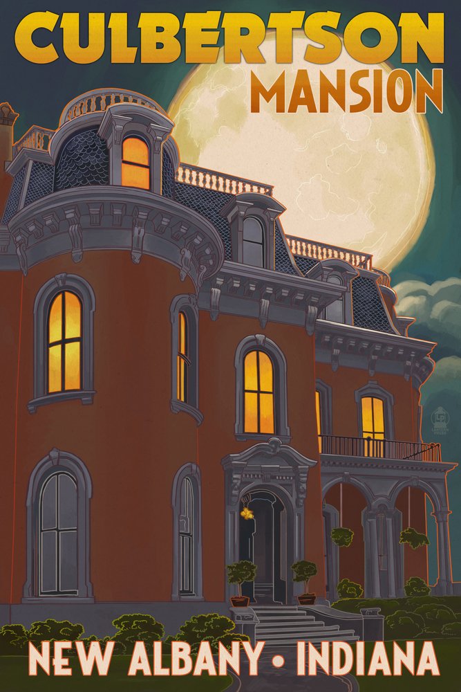 24x36 Signed Print Master Art Print - Culbertson Mansion & Moon in New Albany Indiana - Wall Decor Poster for Living Room, Office & Home Decoration