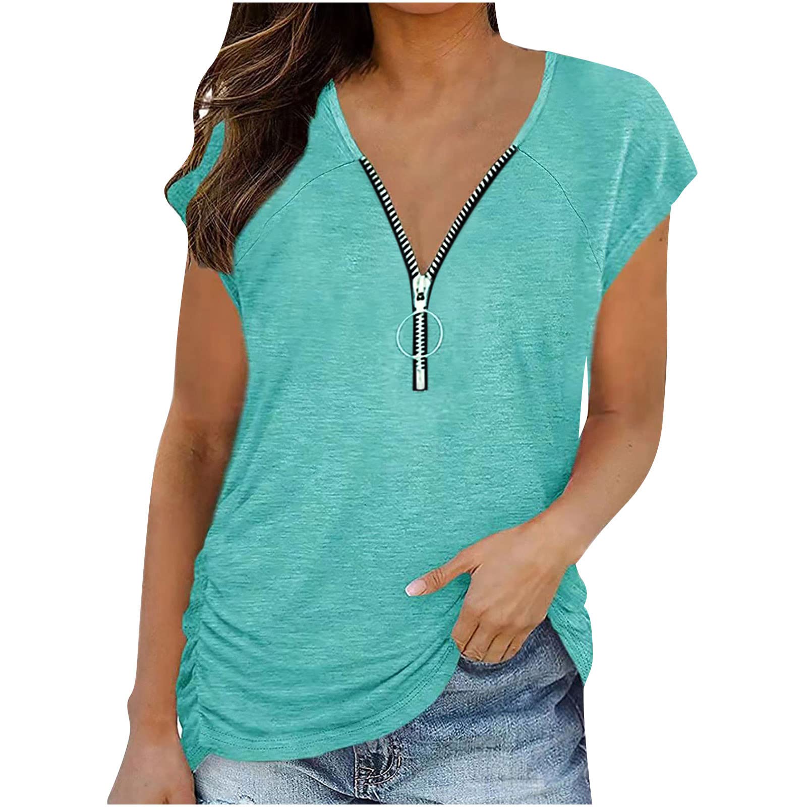 Trendy Women's Summer Short Sleeve Zip-Up V-Neck Loose Fit Casual T-Shirts - Perfect for Daily Wear, Beach Outings & Weekend Hangouts