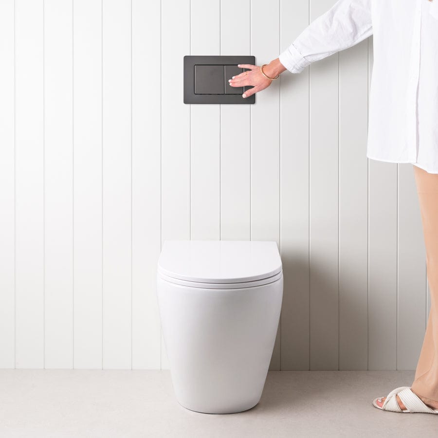 Wall-Mounted Curved Toilet with Rectangle Matte Black Flush Buttons - Space-Saving Modern Bathroom Design for Small Spaces & Contemporary Homes