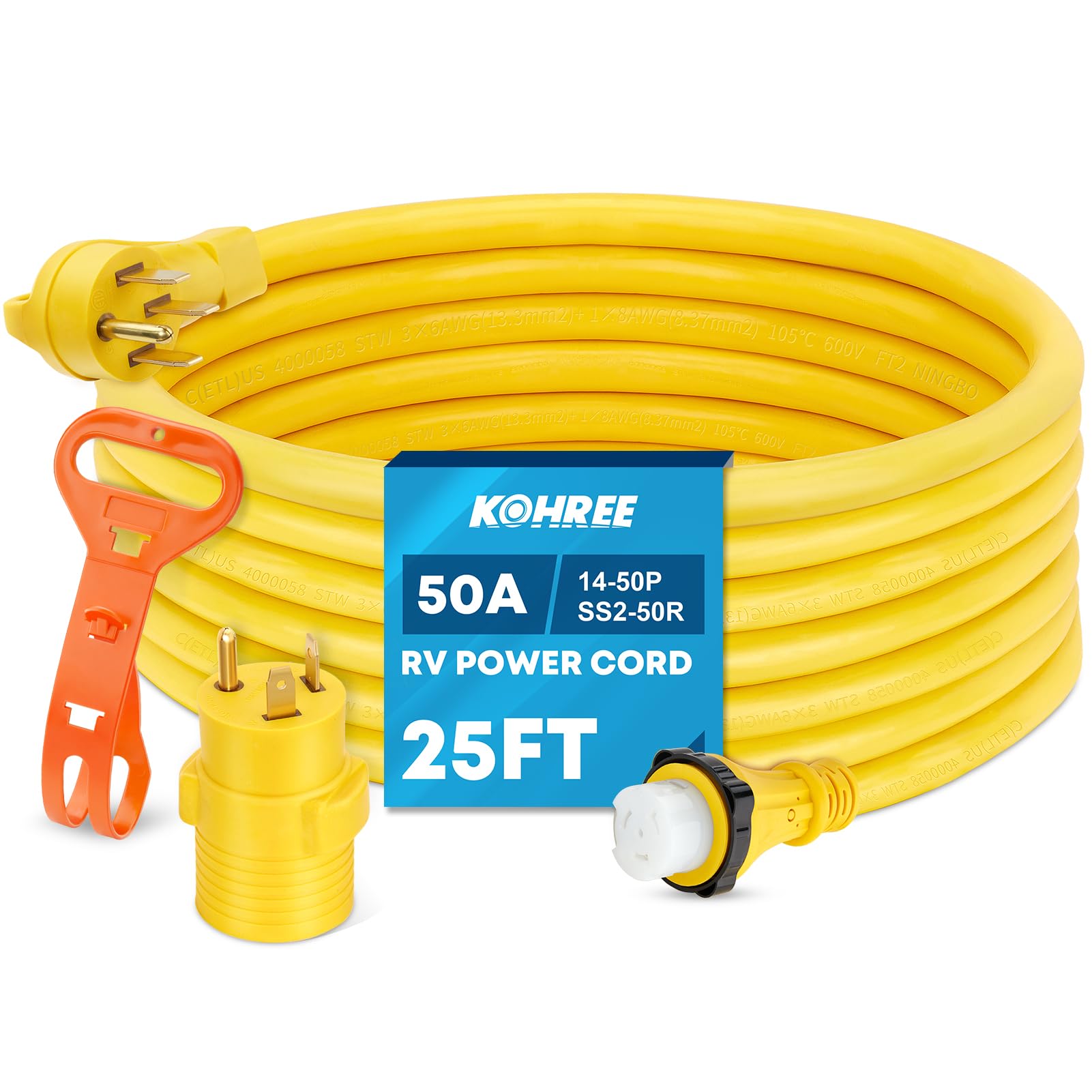 50 Amp RV Extension Cord 25FT Heavy Duty Generator Power Cord - NEMA 14-50P to SS2-50R Twist Lock with Grip Handle - 30M/50F Adapter Included - ETL Listed - Perfect for RV Camping, Outdoor Power Supply & Emergency Backup