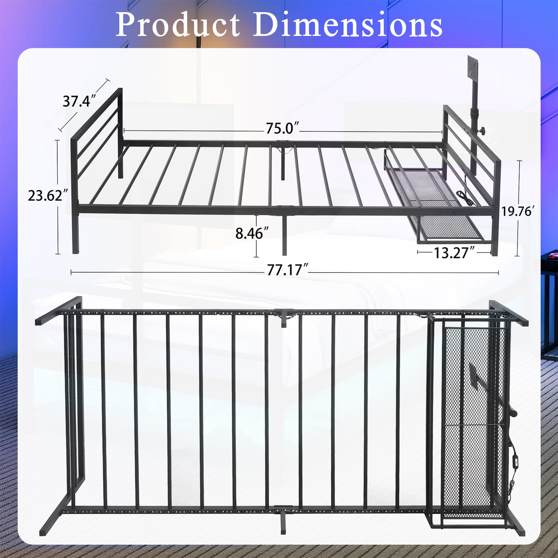 Anwick Twin Gaming Bed with TV Lift & LED Lights, Metal Bed Frame with TV Mount for 13-42 Inch TVs, Storage & Ventilated Console Rack - Perfect for Gamers, Teens & Small Bedrooms (Twin Size)