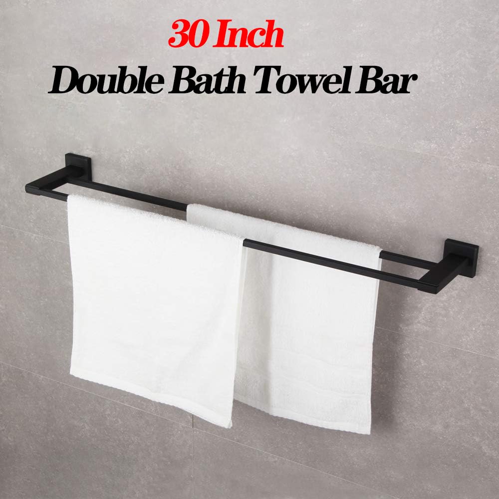 GERZWY 30-Inch Double Bathroom Towel Bar - Stainless Steel Wall Mounted Towel Rack - Modern Matte Black Finish - Perfect for Bathroom, Spa, or Laundry Room Organization