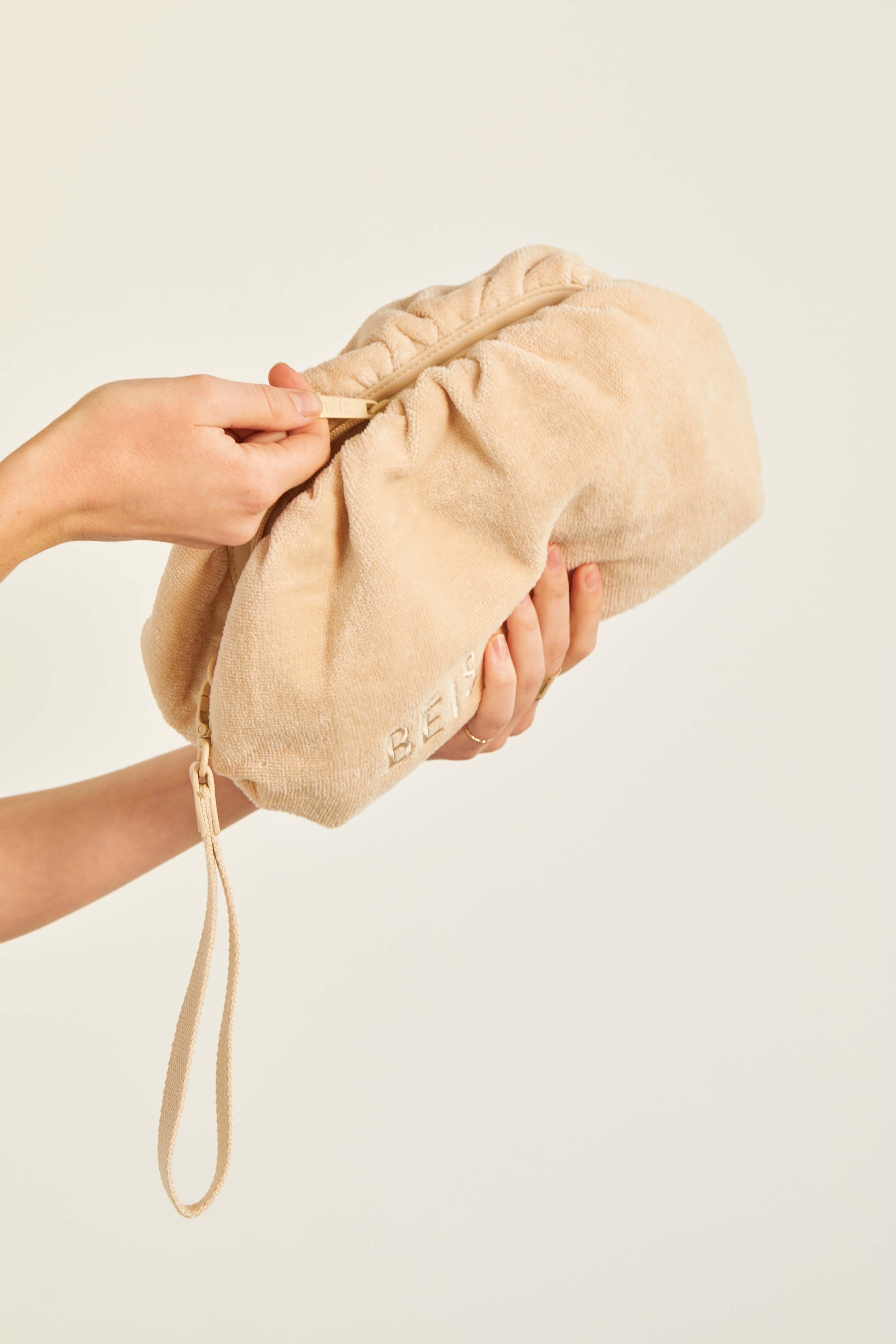 Beige Terry Cosmetic Clutch Bag - Soft & Stylish Makeup Pouch for Women | Perfect for Travel, Gym & Everyday Essentials