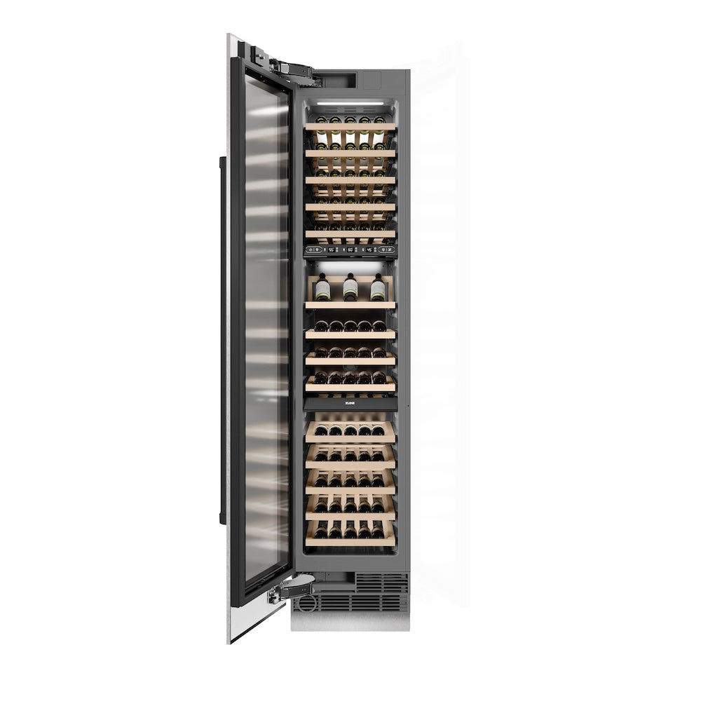 ZLINE Autograph Edition 18-Inch 9.0 cu ft Triple Zone 68-Bottle Left Hinge Wine Cooler - Satin Stainless Steel with Matte Black Accents - Perfect for Home Bars, Wine Cellars & Entertaining Spaces (RCWVLZ SN 18 MB)