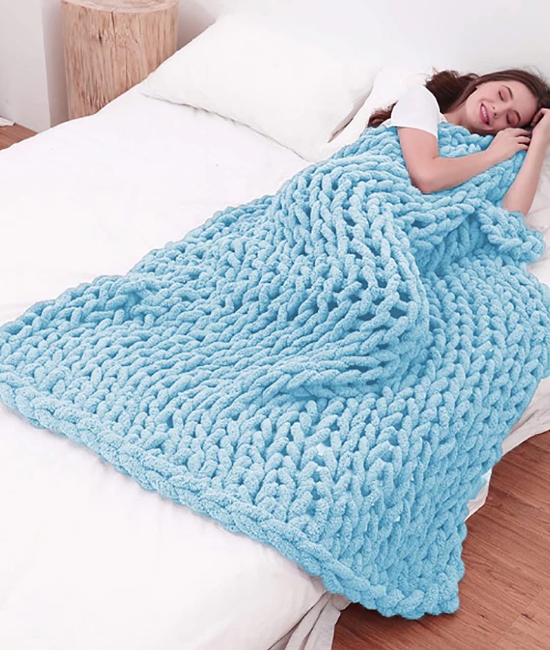 Handmade Chunky Knit Chenille Cable Throw Blanket - Soft, Warm & Cozy Knitted Blanket for Bed, Sofa & Chair - Light Blue 31x31 Inches - Perfect Gift for Home Decor, Winter Nights & Cozy Evenings