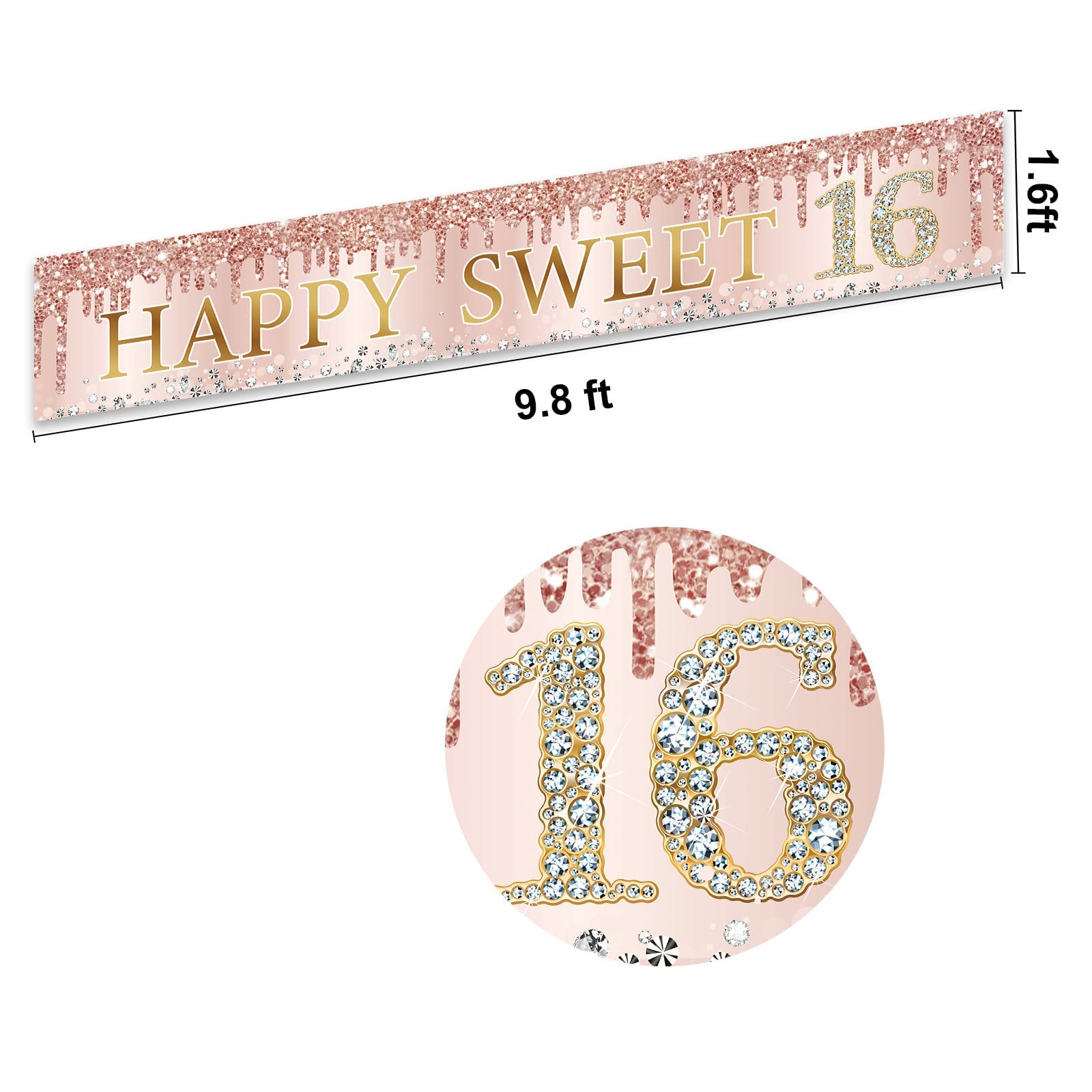 Sweet 16 Birthday Banner Decorations for Girls - Pink Rose Gold Happy 16th Birthday Party Supplies, Yard Sign & Door Cover for Sixteen Year Old Celebration | Perfect for Birthday Parties, Backyard Decorations & Milestone Events