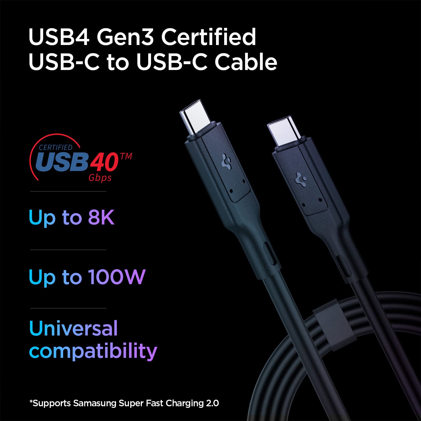 Spigen USB-IF Certified USB 4 & Thunderbolt 4 Cable (2.6ft) - 100W Fast Charging, 40Gbps High-Speed Data Transfer, 8K Video Support - Compatible with iPhone 15 Pro Max, MacBook, iPad M2/M1, Galaxy S24/S23 Ultra, Mac SSD - Perfect for Fast Charging & 4K/8K Video Editing