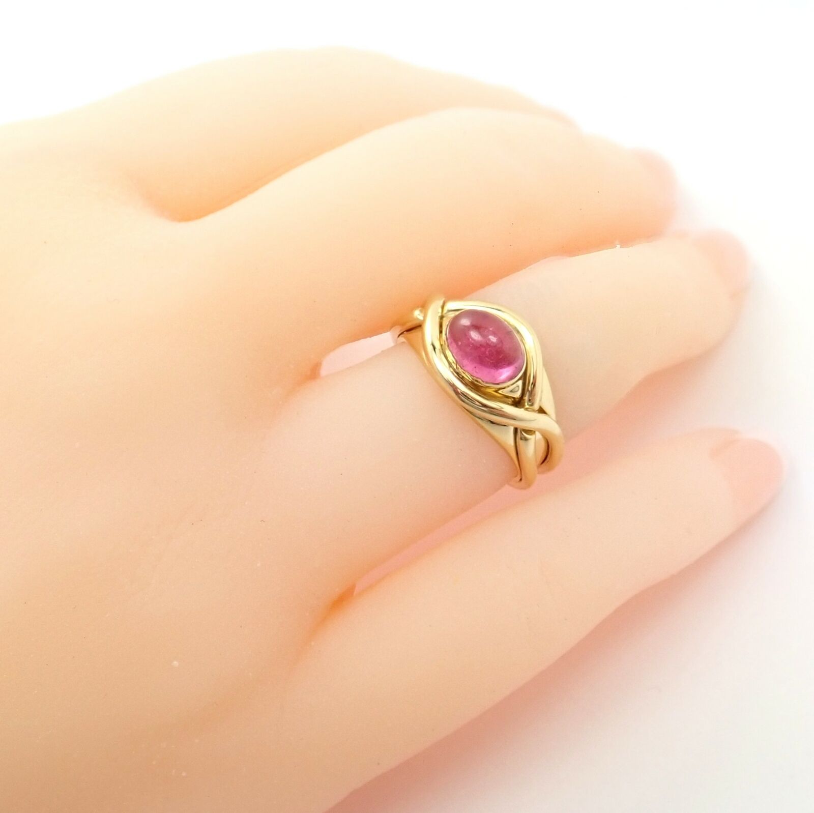 Authentic Tiffany & Co 18K Yellow Gold Pink Tourmaline Cabochon Band Ring - Rare Vintage Jewelry for Women, Perfect Gift for Anniversary, Engagement & Special Occasions