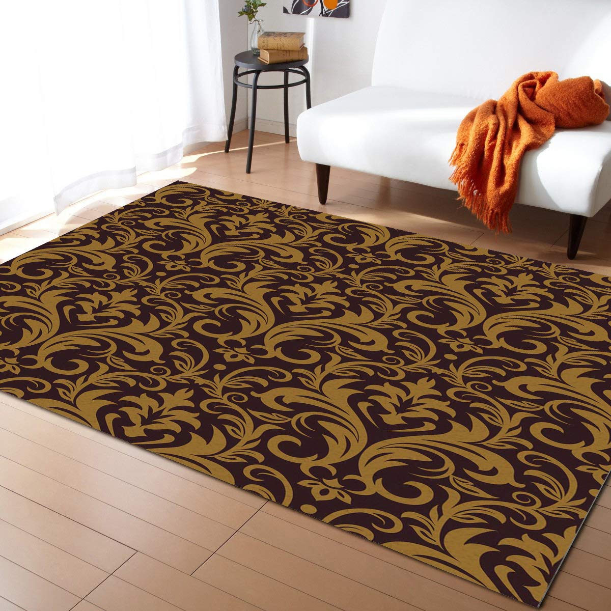 Vintage Arab Baroque Floral Design 5'x8' Area Runner Rug - Washable Indoor/Outdoor Carpet for Kitchen, Living Room, Bathroom, Bedroom, Classroom & Laundry | Perfect as Welcome Mat, Doormat or Desk Floor Mat - Adds Elegant Touch to Any Space