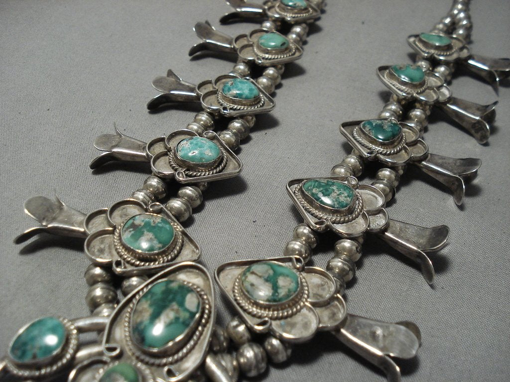 Authentic Vintage Navajo Sterling Silver Squash Blossom Necklace with Royston Turquoise - 190g Native American Jewelry for Women - Perfect for Boho Fashion, Weddings & Special Occasions