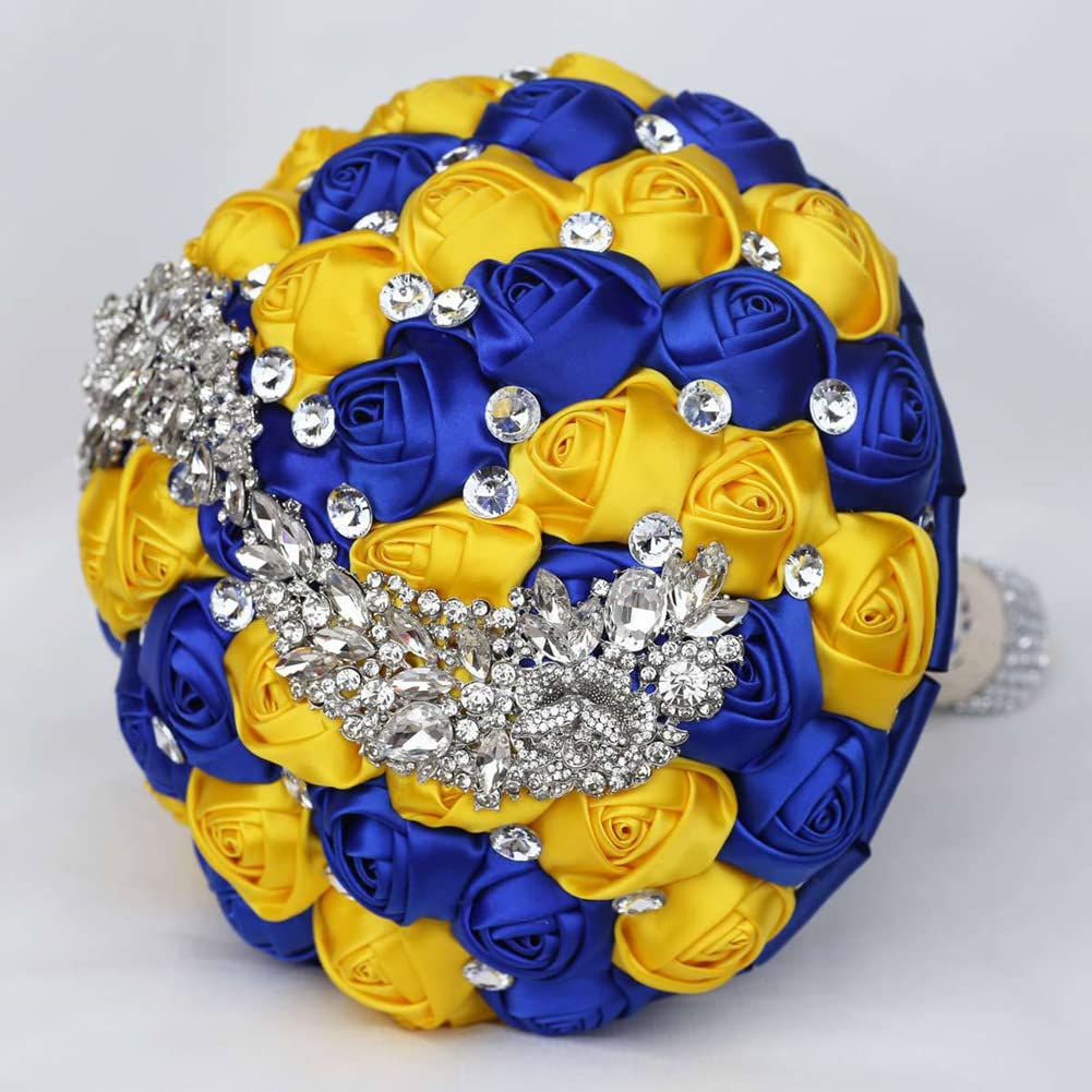 Handmade Satin Rose Wedding Bouquet - Bridal & Bridesmaid Bouquet with Rhinestone Meteor Shower Design for Wedding Ceremony (Gold & Royal Blue) | Perfect for Church, Beach, and Garden Weddings