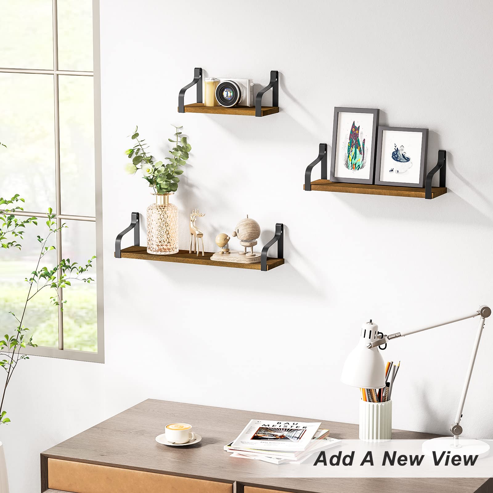 Love-KANKEI Floating Wall Shelves Set of 3 - Rustic Light Walnut Wood Storage Shelves for Bedroom, Living Room, Bathroom & Kitchen - Perfect for Displaying Decor, Books & Organizing Small Items