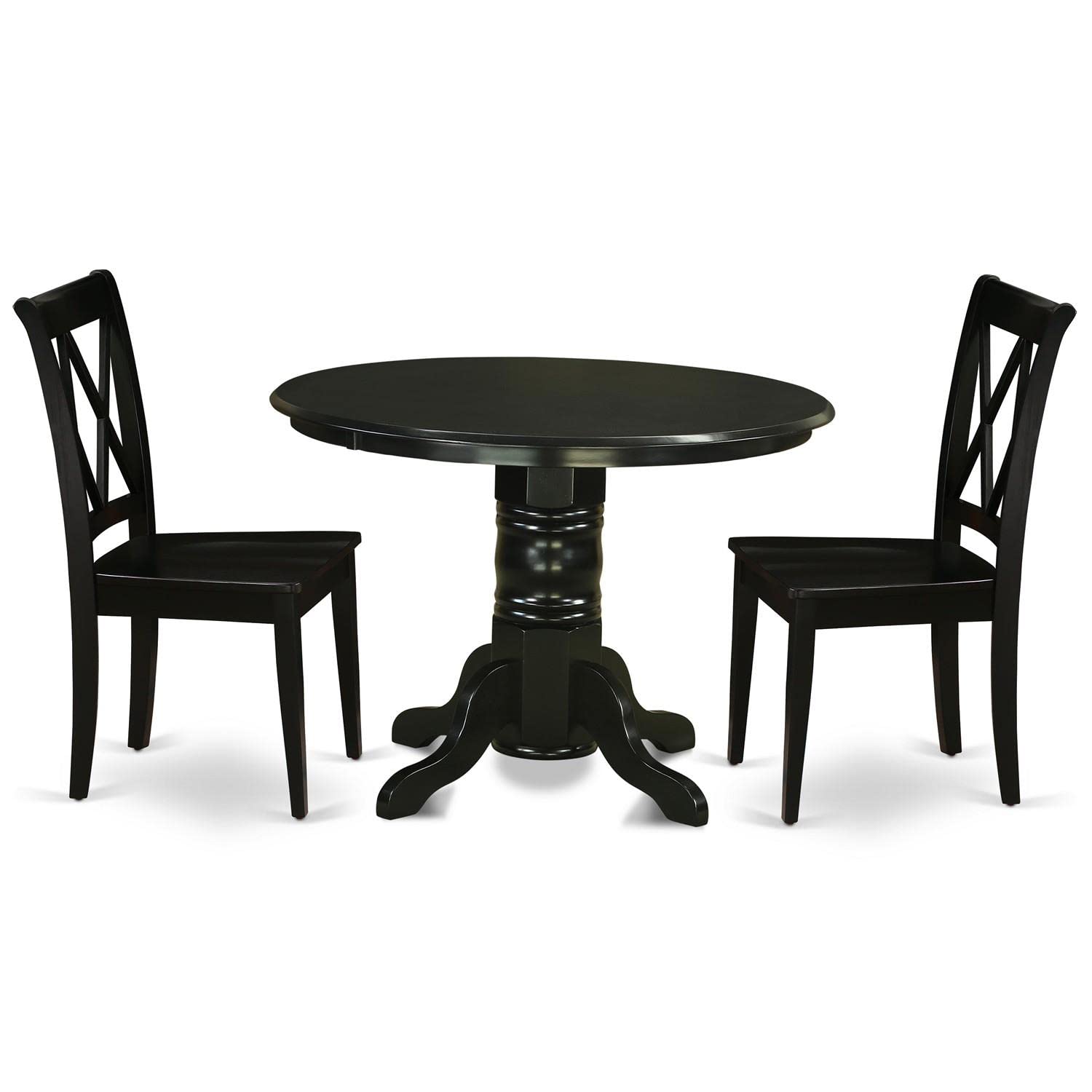 East West Furniture SHCL3-BLK-W 3-Piece Round Dining Table Set with Pedestal Base & 2 Chairs for Small Spaces - 42x42 Inch Black Kitchen & Breakfast Nook Set - Perfect for Apartments, Condos and Cozy Dining Areas