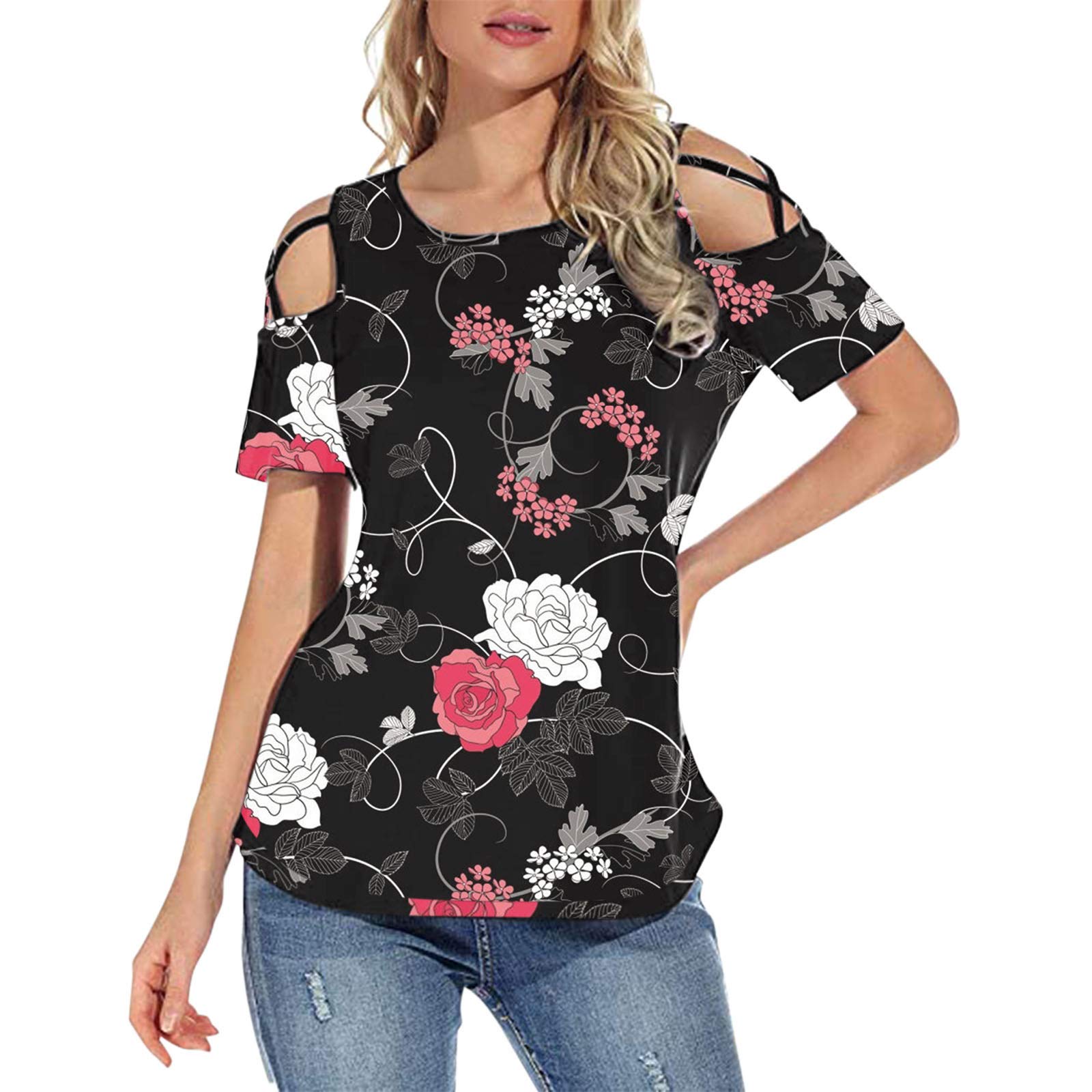 **Sunflower Print Women's Summer Tops - Casual Short Sleeve O-Neck Pullover Blouse Tee (S-XXL, Black) | Boho Chic Shirt for Beach, Vacation & Everyday Wear**