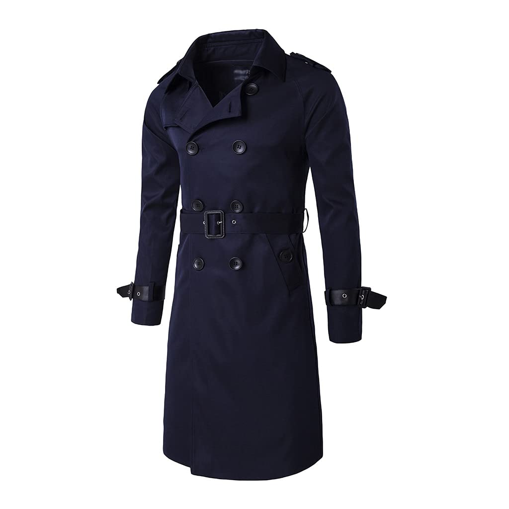 Premium Men's Double Breasted Long Trench Coat - Navy Blue Size M | Waterproof Wool Blend Overcoat for Business, Formal & Winter Wear | Fashionable Outerwear for Office, Travel & Special Occasions