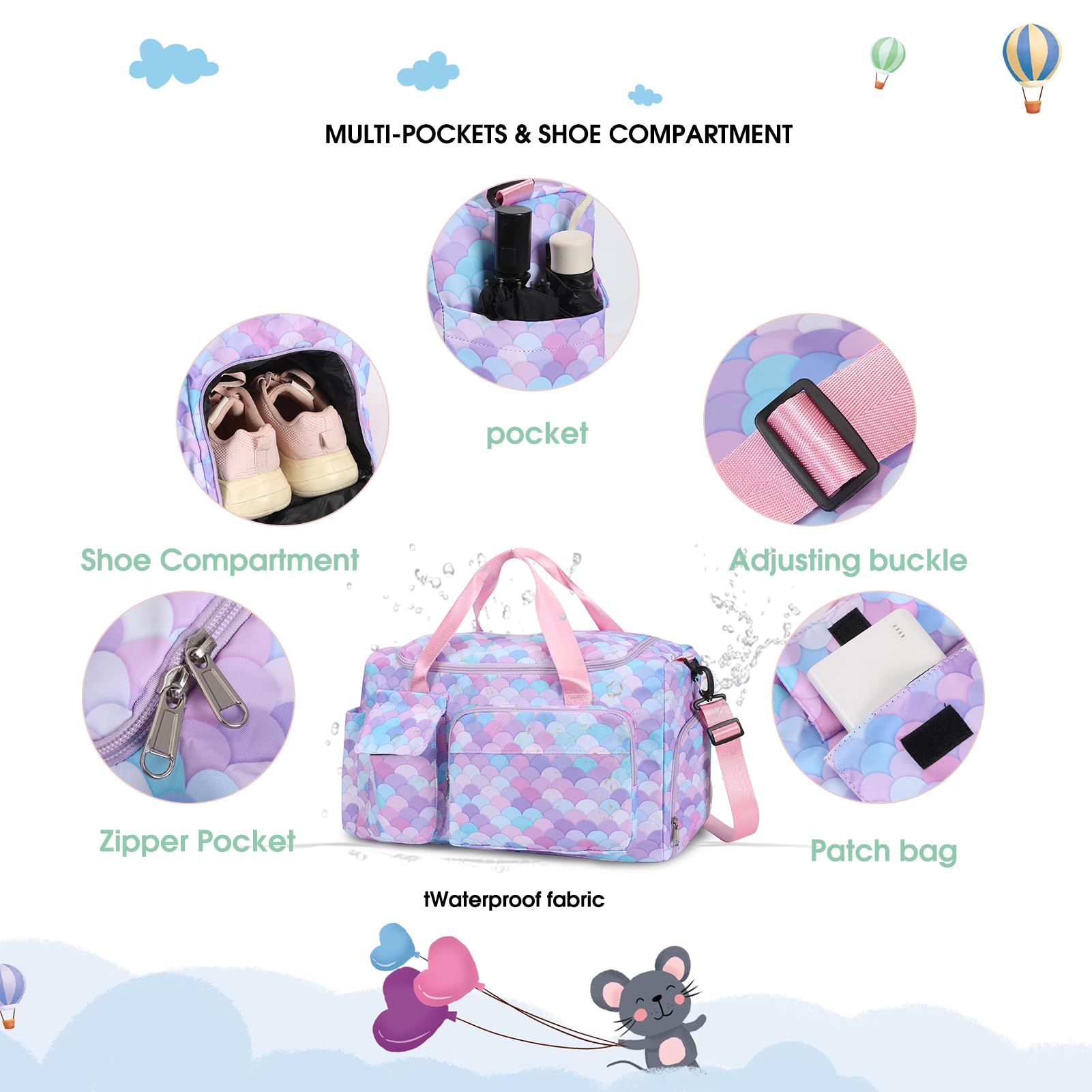 Mermaid Purple Kids Duffle Bag for Girls - Waterproof Travel Overnight Bag with Shoes Compartment | Perfect for Dance Class, Sleepovers & Weekend Getaways