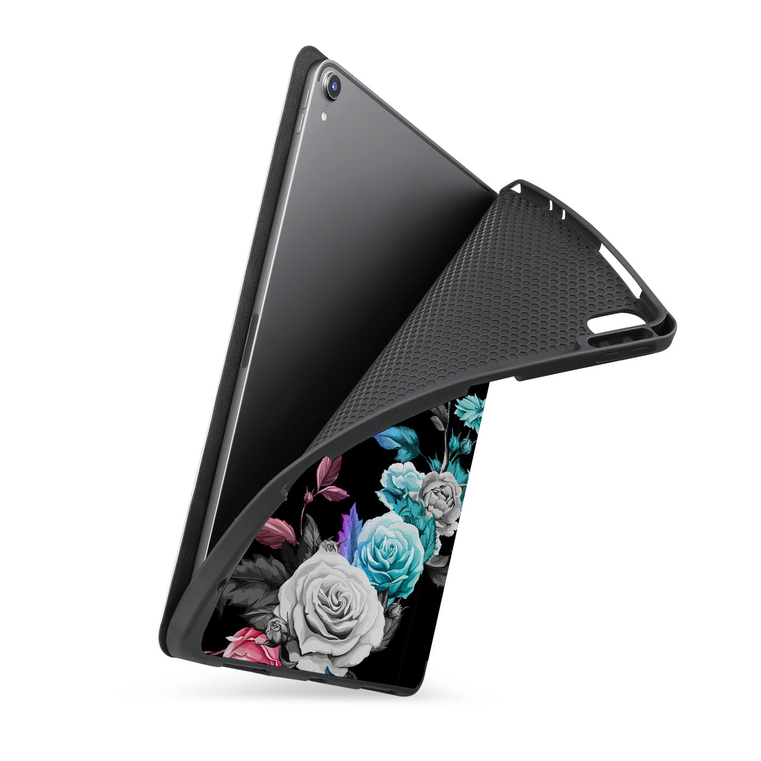 Premium iPad Trifold Case with Elegant Black Floral Design - Slim Protective Cover for iPad Air/Pro, Perfect for Work, Travel & Daily Use
