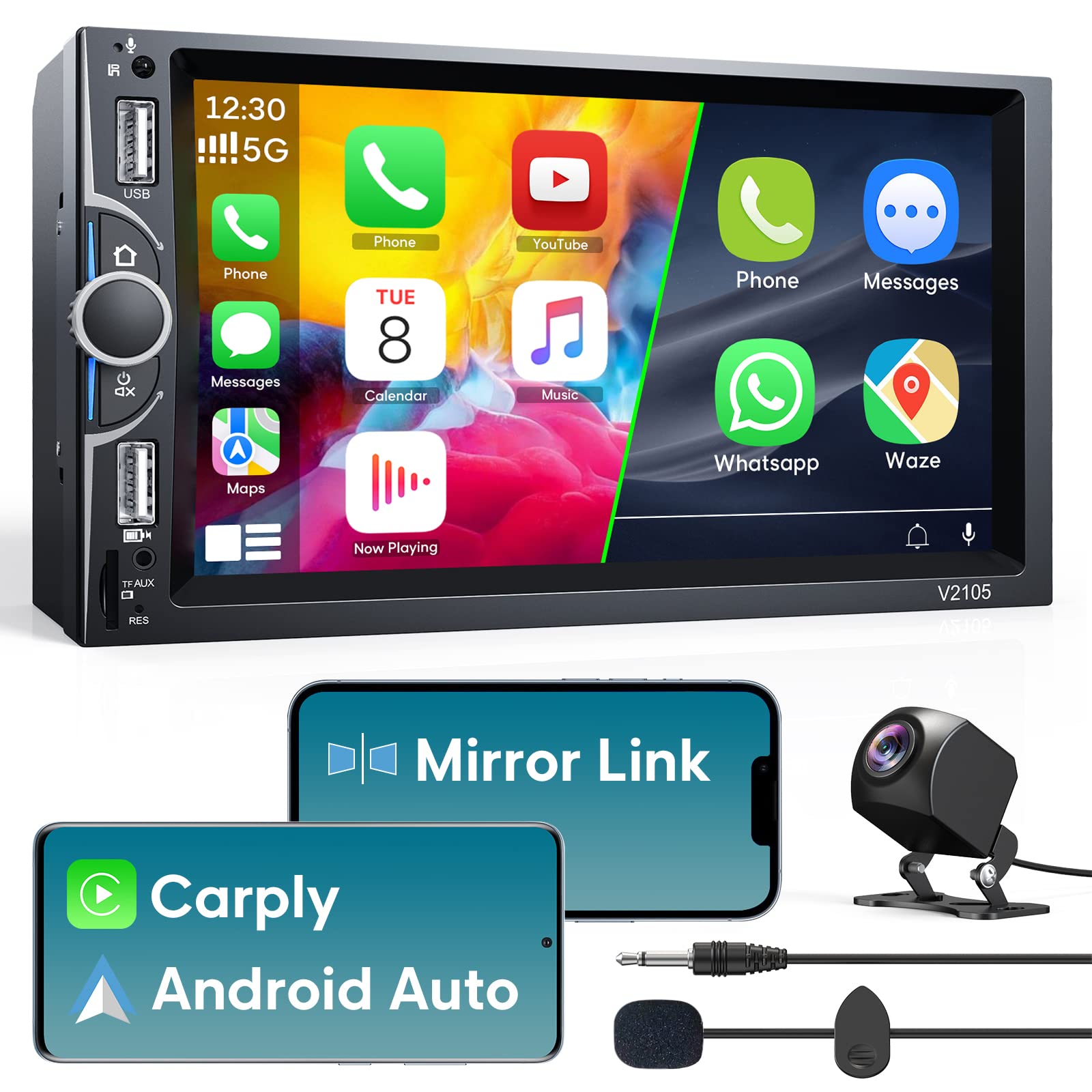 CHAMUTY 7-Inch HD Touchscreen Double Din Car Stereo with Apple CarPlay & Android Auto - Bluetooth 5.0, MP3/DVD Player, AM/FM Radio, Backup Camera, Mirror Link & Dual USB Ports | Perfect for Road Trips, Commuting & Hands-Free Driving