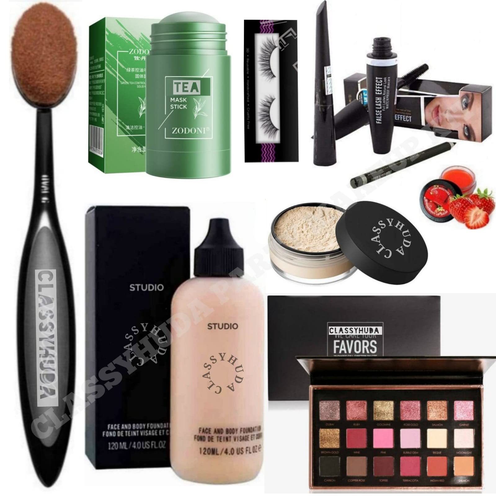 Huda Professional Makeup Brush Set with Foundation, Eyeshadow, Face Powder, Lip Balm, Eyeliner, Mascara, Eyebrow Pencil, False Eyelashes & Green Face Mask - Complete Beauty Kit for Flawless Makeup Application at Home or Salon