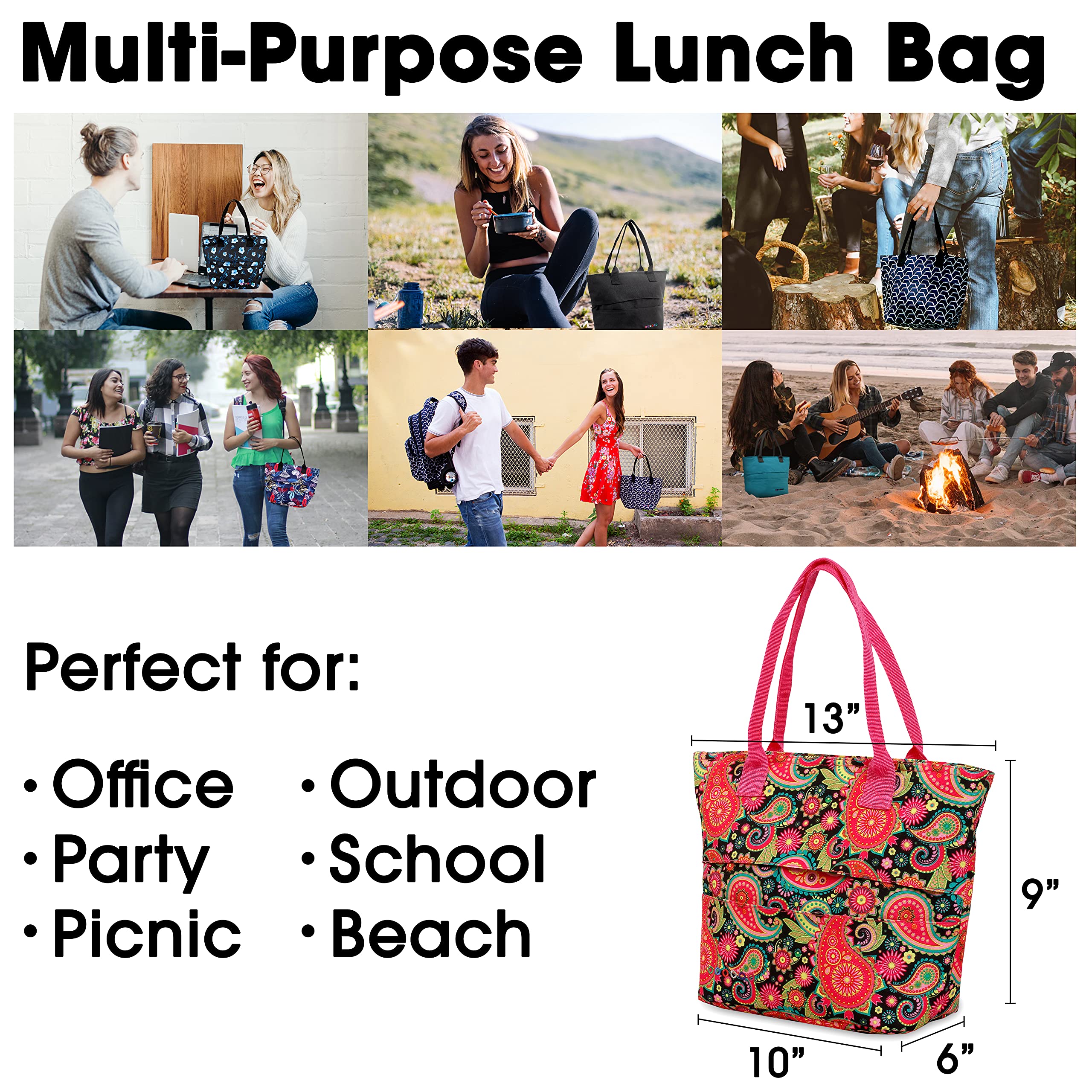 J World Lola Insulated Lunch Tote Bag for Women & Teens - Classic Paisley Design, Leakproof Lunch Box for Work, School & Picnics