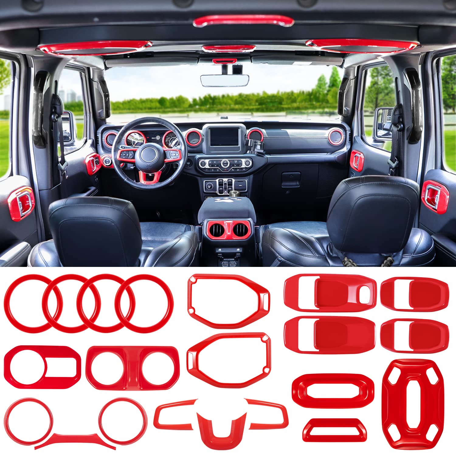 21PCS Full Interior Trim Kit for Jeep Wrangler JL JLU 2018-2023 & Gladiator JT - Red Air Vent, Door Handle, Speaker & Switch Covers | Upgrade Your Jeep's Interior Style for Off-Road Adventures & Daily Driving