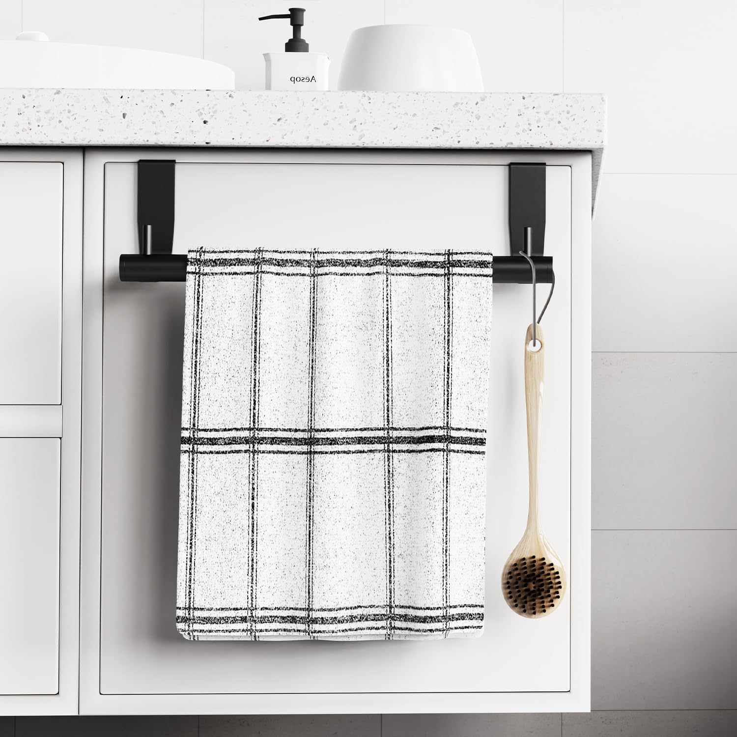 VEHHE 2-Pack 9-Inch Kitchen Towel Holder with 2 Hooks - Over Cabinet Towel Bar with EVA Foam Pads - Space-Saving Over The Door Towel Rack for Kitchen, Bathroom, Laundry Room (Black) - Perfect for Hanging Dish Towels, Hand Towels & Washcloths