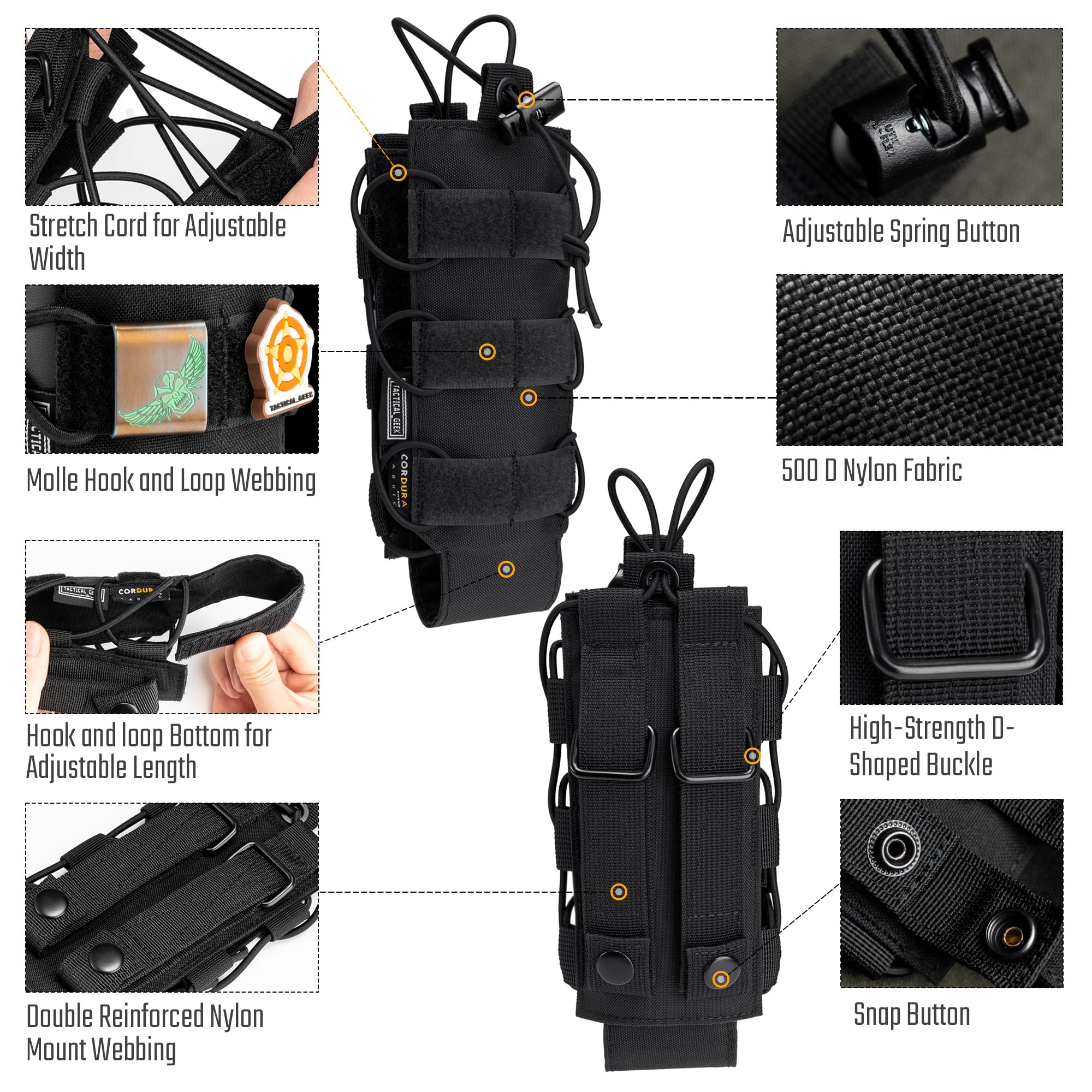 TACTICAL GEEK EXT11 Molle Water Bottle Pouch - Adjustable Drawstring Travel Bottle Holder for Backpack, Outdoor Sports & Hiking - Portable Water Carrier for Camping, Gym & Everyday Use
