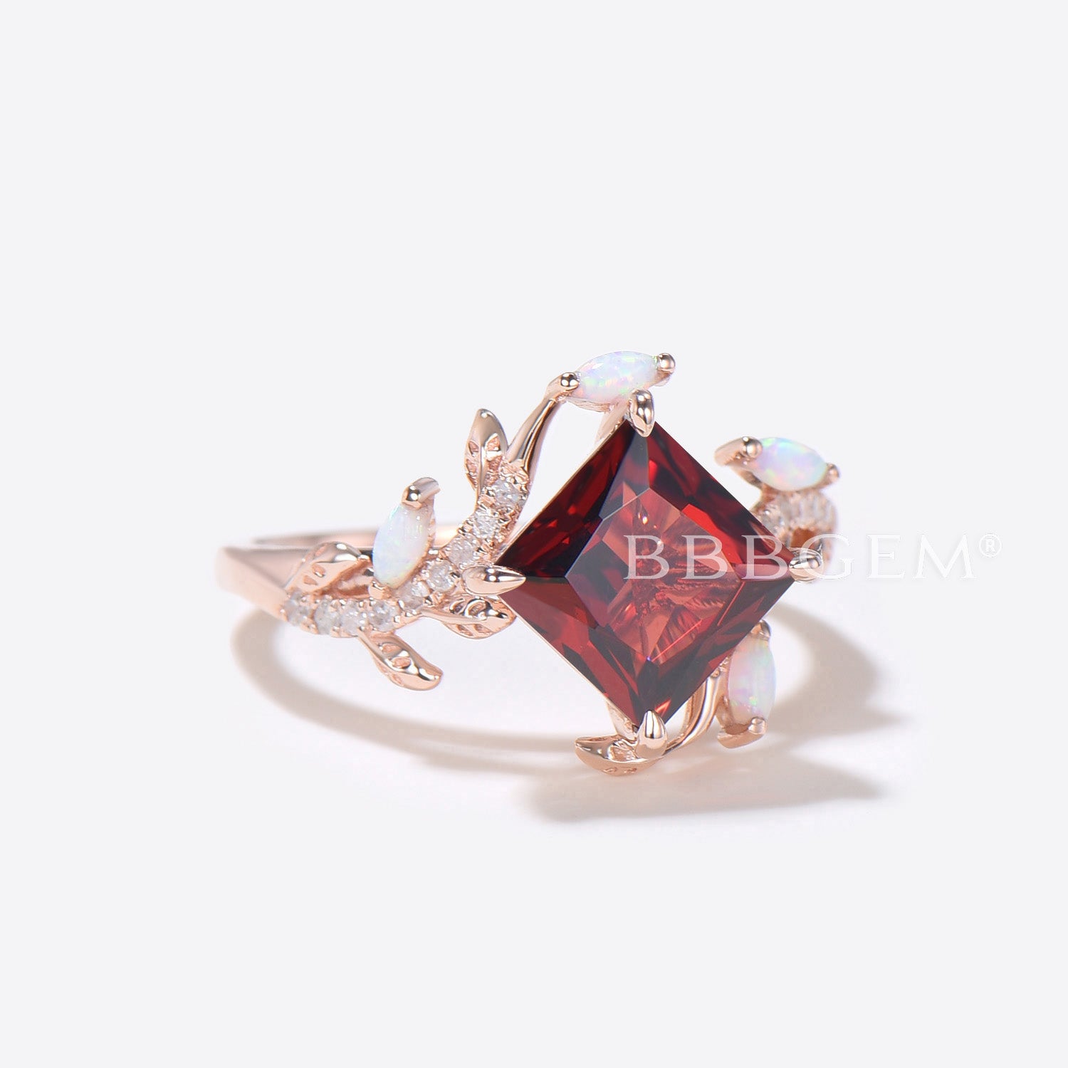 Natural Garnet Princess Cut Engagement Ring with Leaf Vine Design & Opal Accents - Perfect for Weddings, Proposals, and Anniversary Gifts