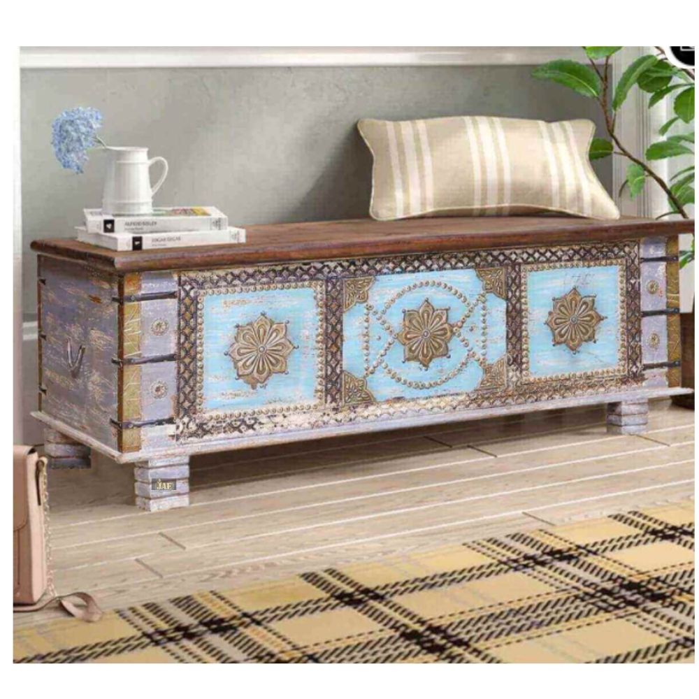 Handmade Embossed Mango Wood Storage Trunk & Coffee Table - Grey Distress Finish | Rustic Home Decor for Living Room, Bedroom & Office