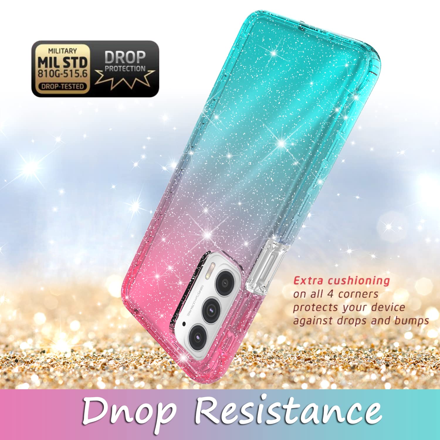 Rosebono Glitter Case for Motorola Edge Plus 2022 - Pink/Teal Hybrid Cover for Daily Protection