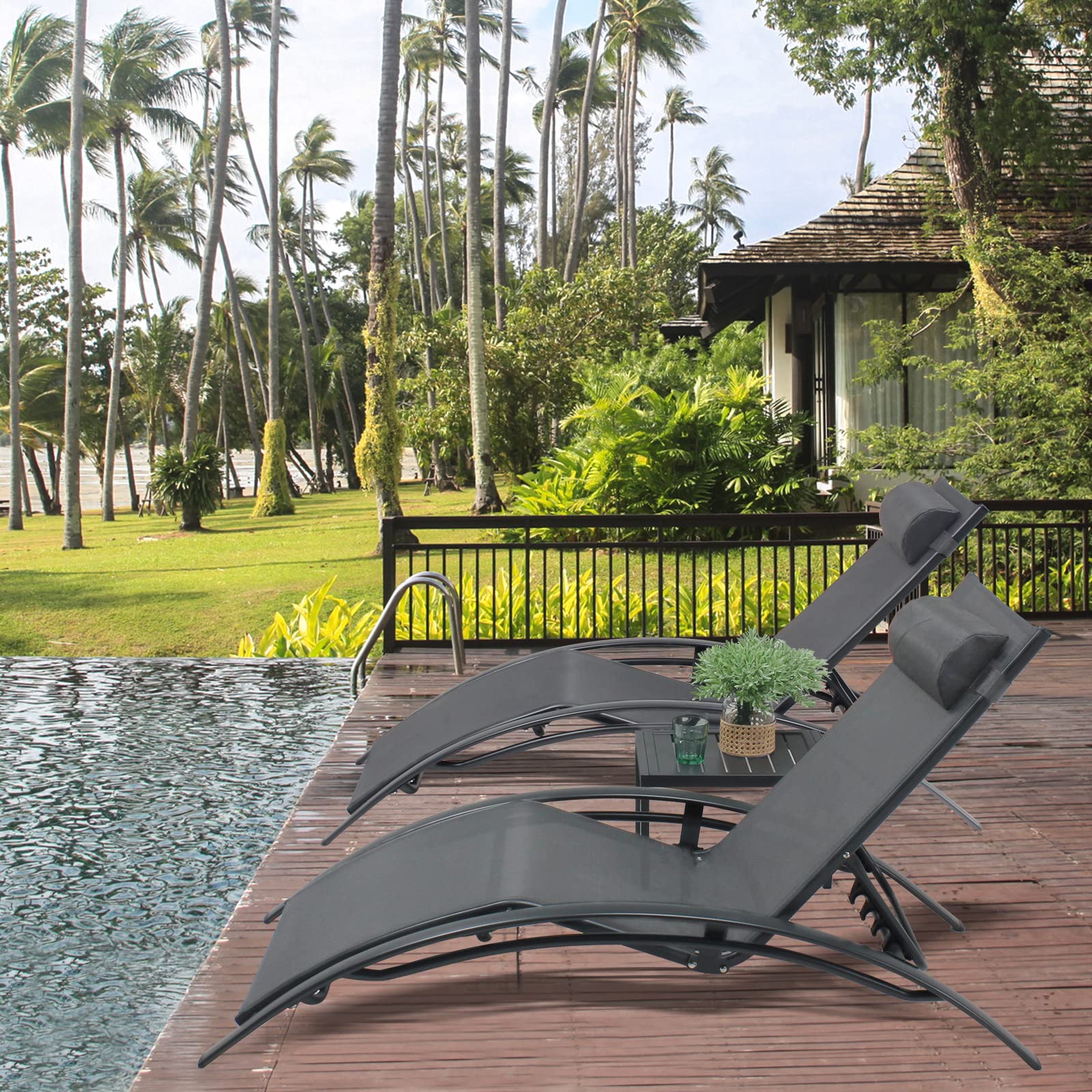 3-Piece Patio Chaise Lounge Chair Set - Aluminum Outdoor Recliner with Adjustable Headrest, Sunbathing & Poolside Tanning Chairs, Armrest Recliner with Side Table - Perfect for Beach, Garden, Lawn & Backyard Relaxation (Grey)